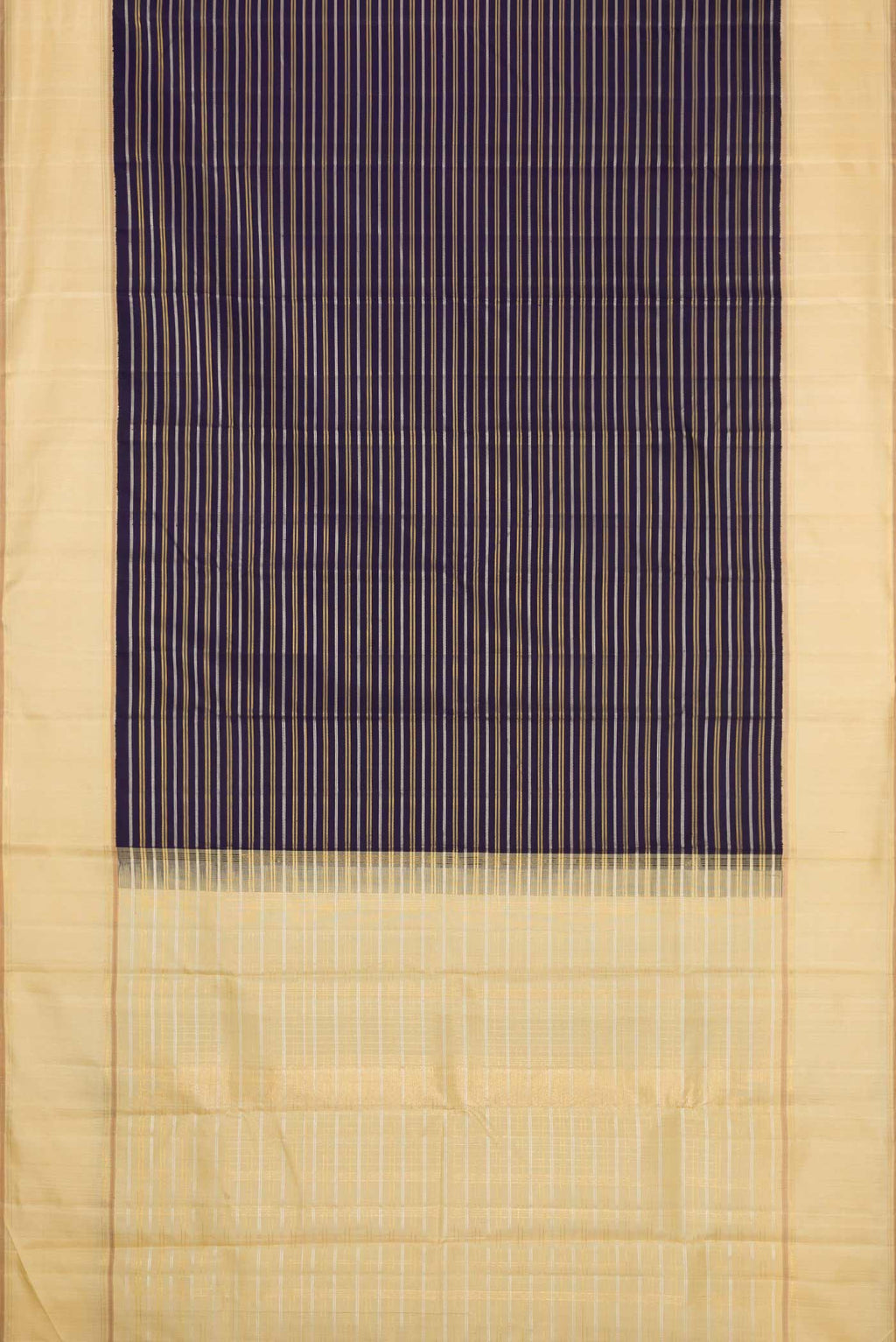 Flat view of Navy Blue Dual Tone Kanchipuram Silk Saree with Stripes on the body and Zari Border. 