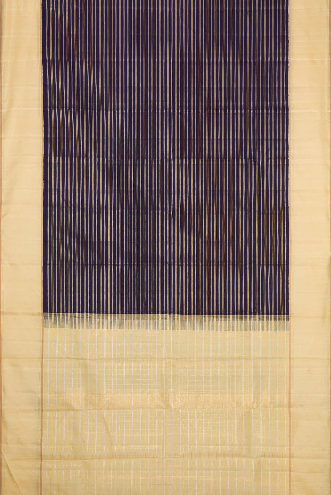 Flat view of Navy Blue Dual Tone Kanchipuram Silk Saree with Stripes on the body and Zari Border. 