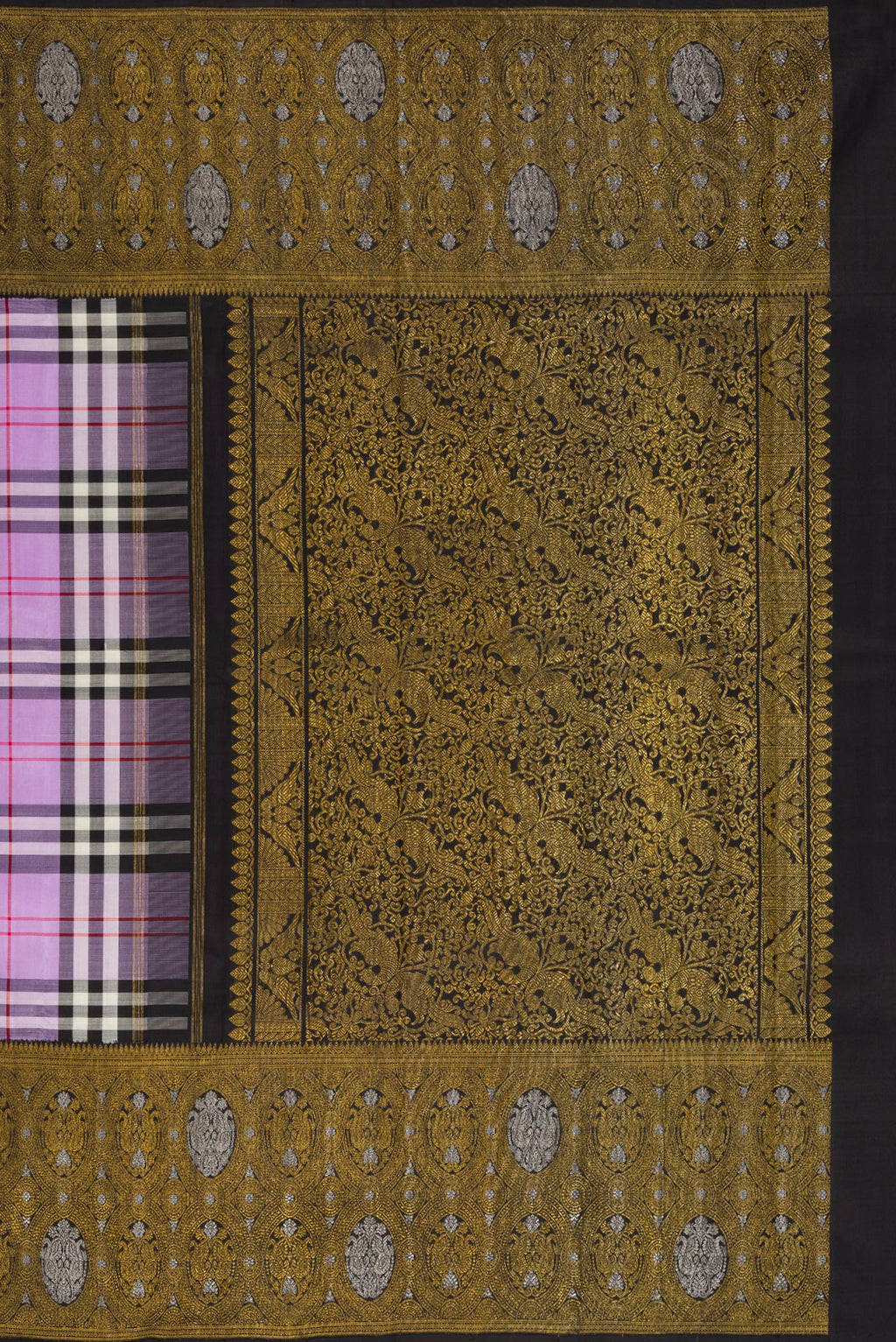 Close up image of the pallu of Pure Silk Pure Zari Lavender Kanjivaram Saree with Checked design on the body and Fancy Border. 