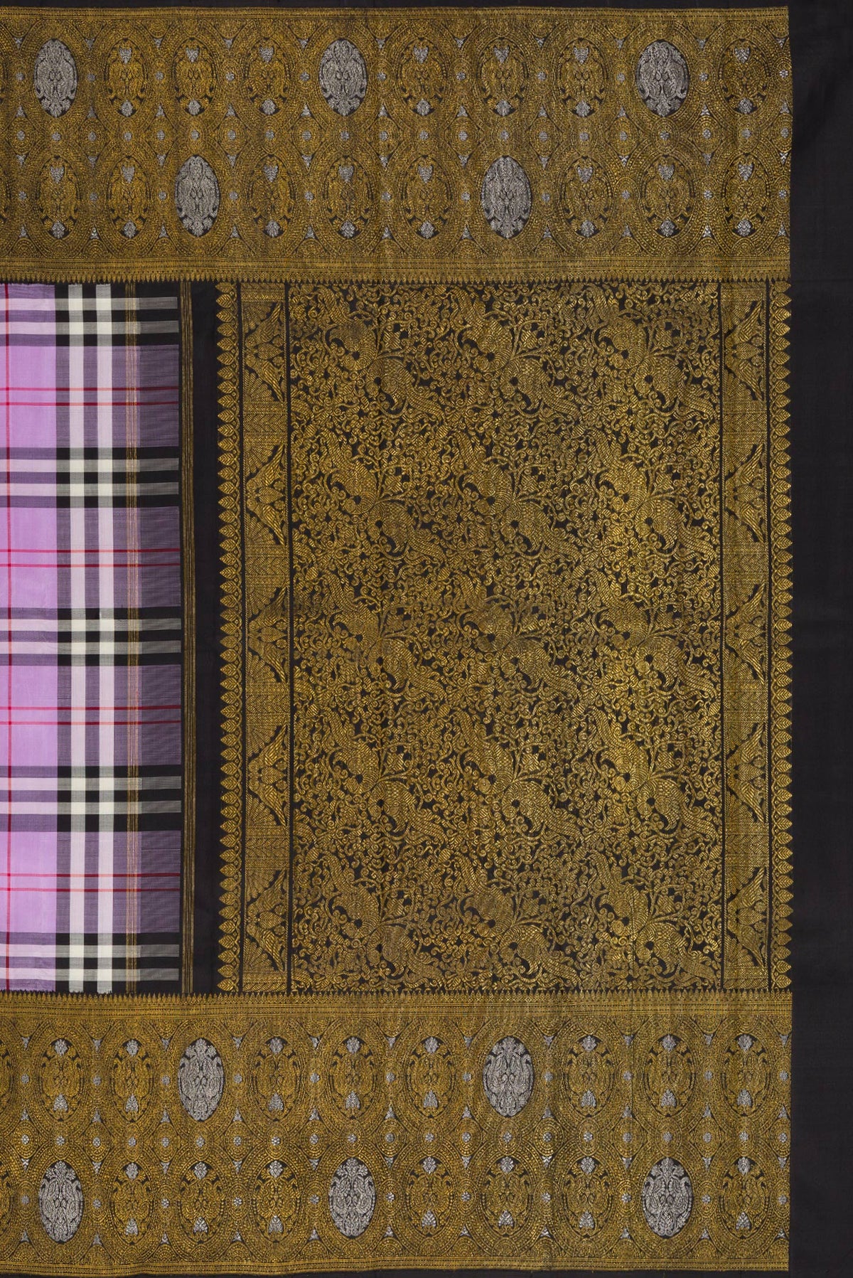 Close up image of the pallu of Pure Silk Pure Zari Lavender Kanjivaram Saree with Checked design on the body and Fancy Border. 