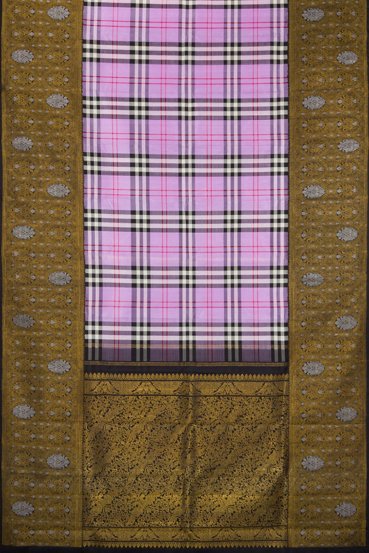 Flat view of Pure Silk Pure Zari Lavender Kanjivaram Saree with Checked design on the body and Fancy Border. 
