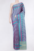 Peacock Blue Dual Tone Kanchipuram Silk Saree with Jacquard design on the body and Thread Border.  displayed on a mannequin