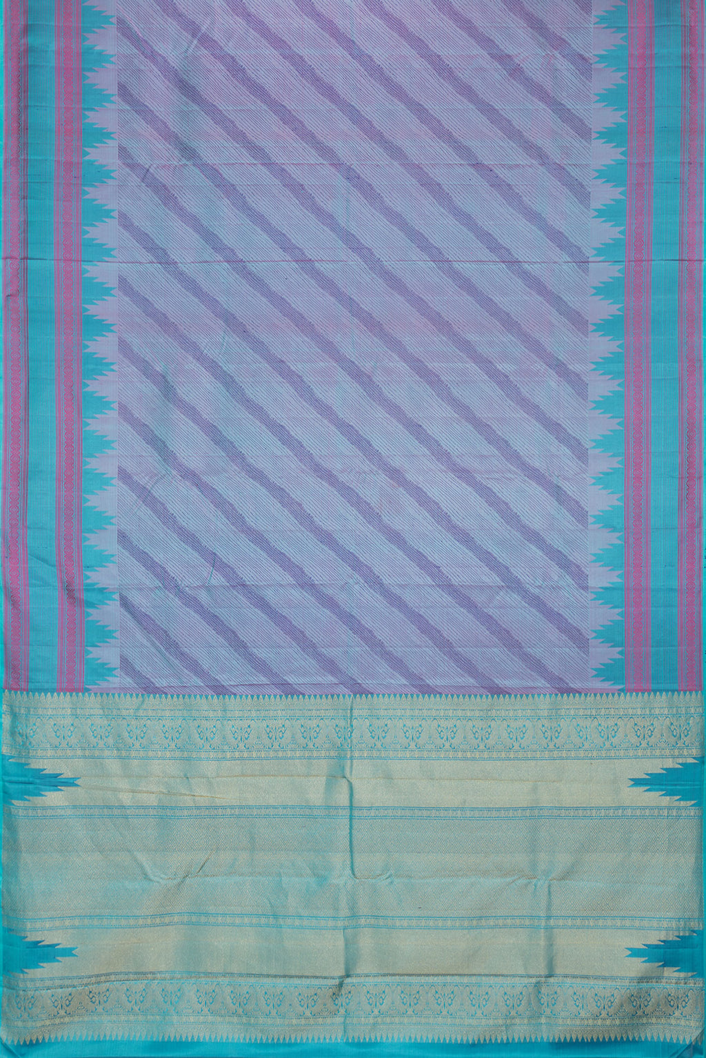 Flat view of Peacock Blue Dual Tone Kanchipuram Silk Saree with Jacquard design on the body and Thread Border. 