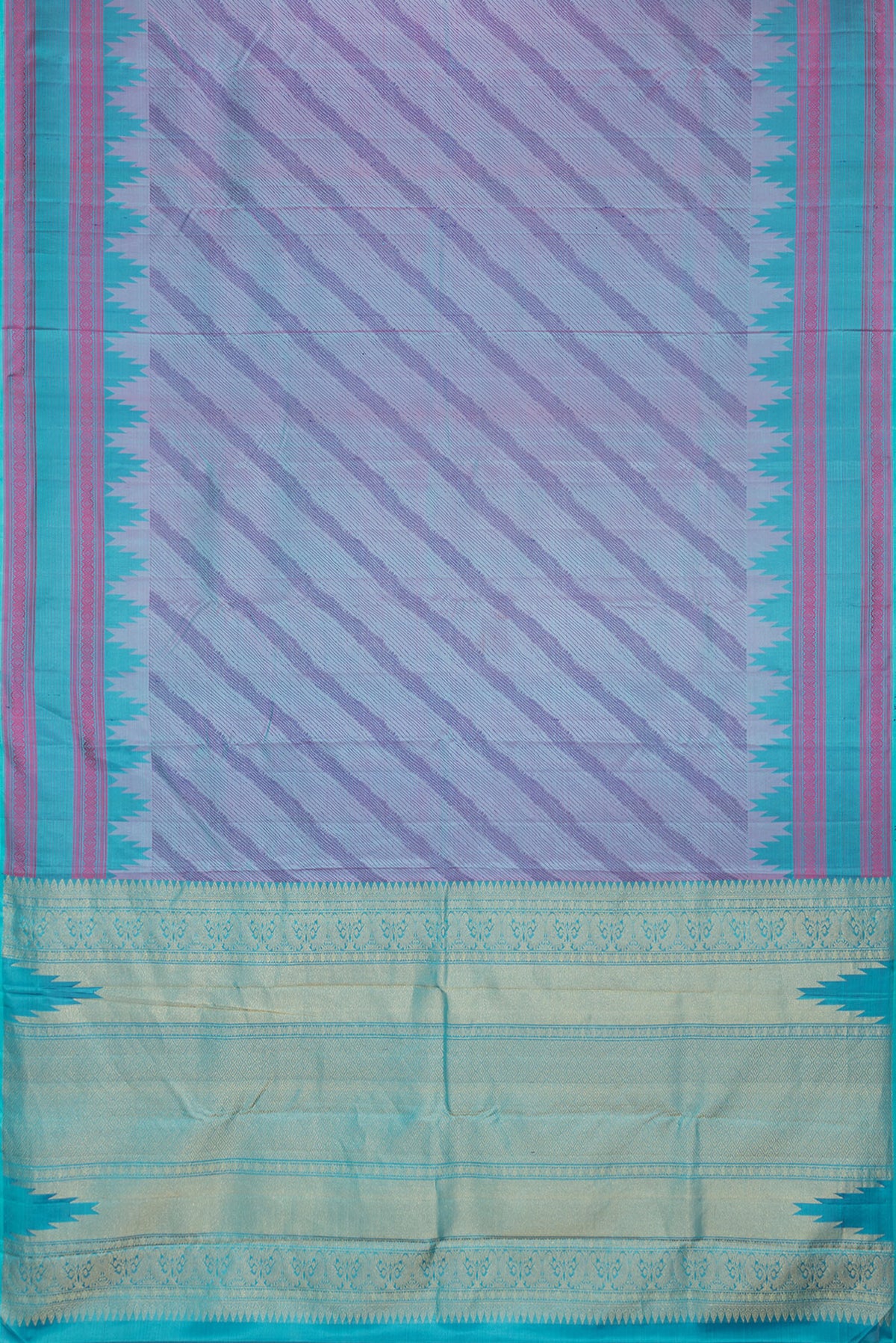 Flat view of Peacock Blue Dual Tone Kanchipuram Silk Saree with Jacquard design on the body and Thread Border. 