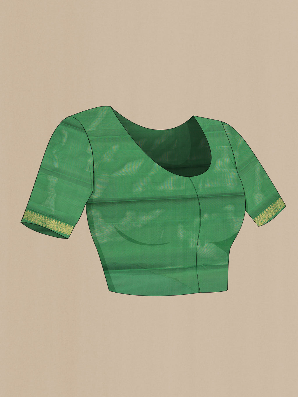 Close up image of the blouse of Green Dual Tone Kanchipuram Silk Saree with Jacquard design on the body and Thread Border. 