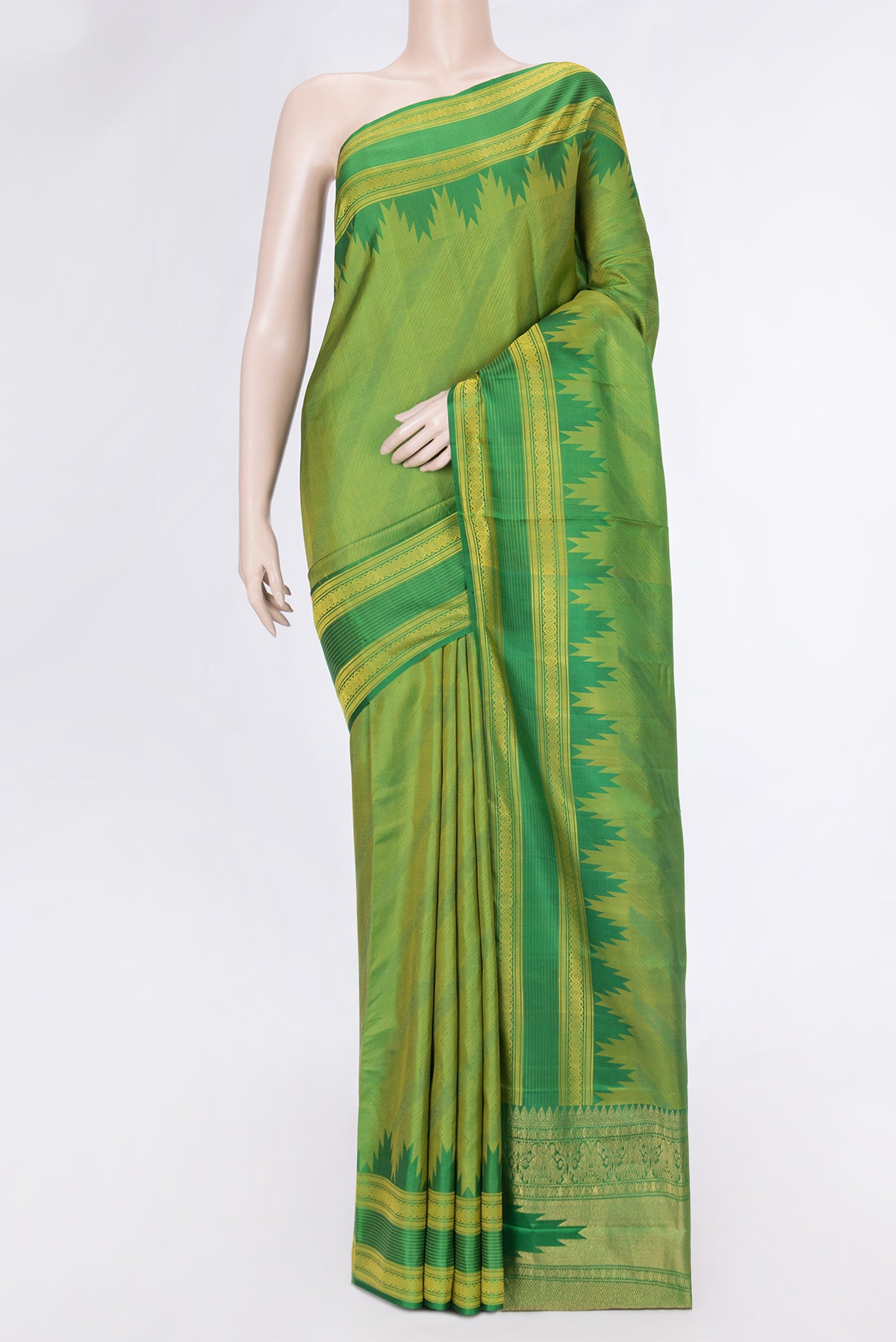 Green Dual Tone Kanchipuram Silk Saree with Jacquard design on the body and Thread Border.  displayed on a mannequin