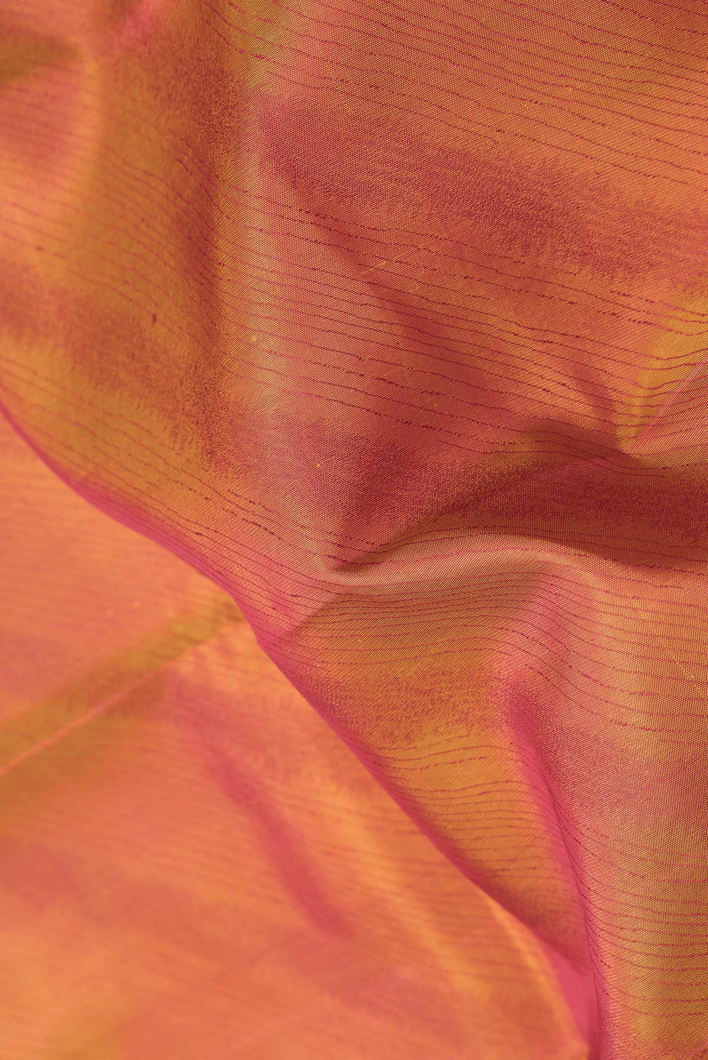 Close up of Mustard Dual Tone Kanchipuram Silk Saree with Jacquard design on the body and Thread Border.  displaying folds