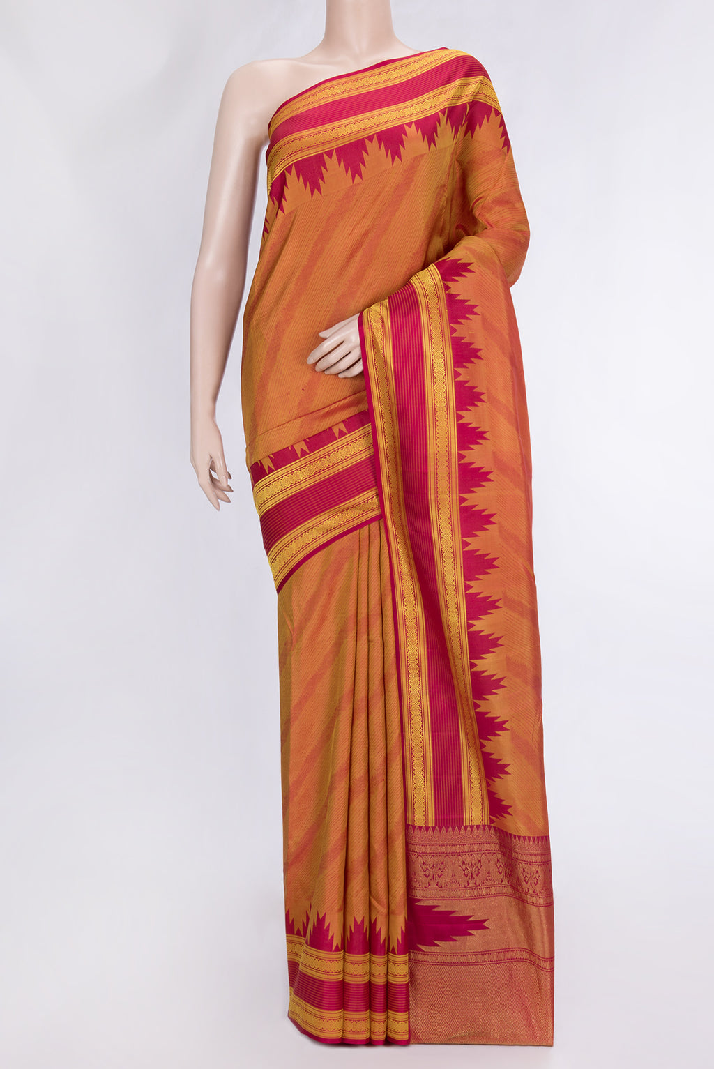 Mustard Dual Tone Kanchipuram Silk Saree with Jacquard design on the body and Thread Border.  displayed on a mannequin