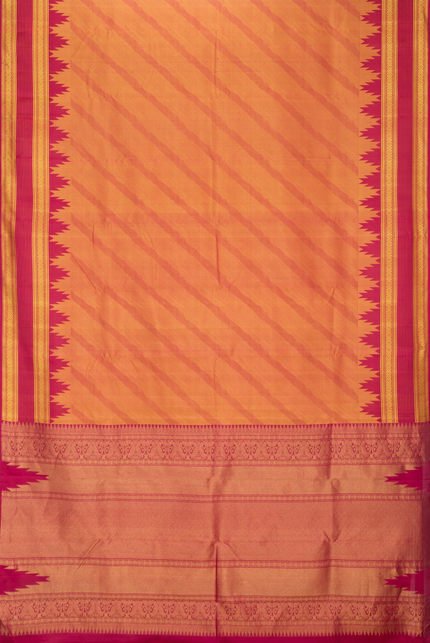 Flat view of Mustard Dual Tone Kanchipuram Silk Saree with Jacquard design on the body and Thread Border. 