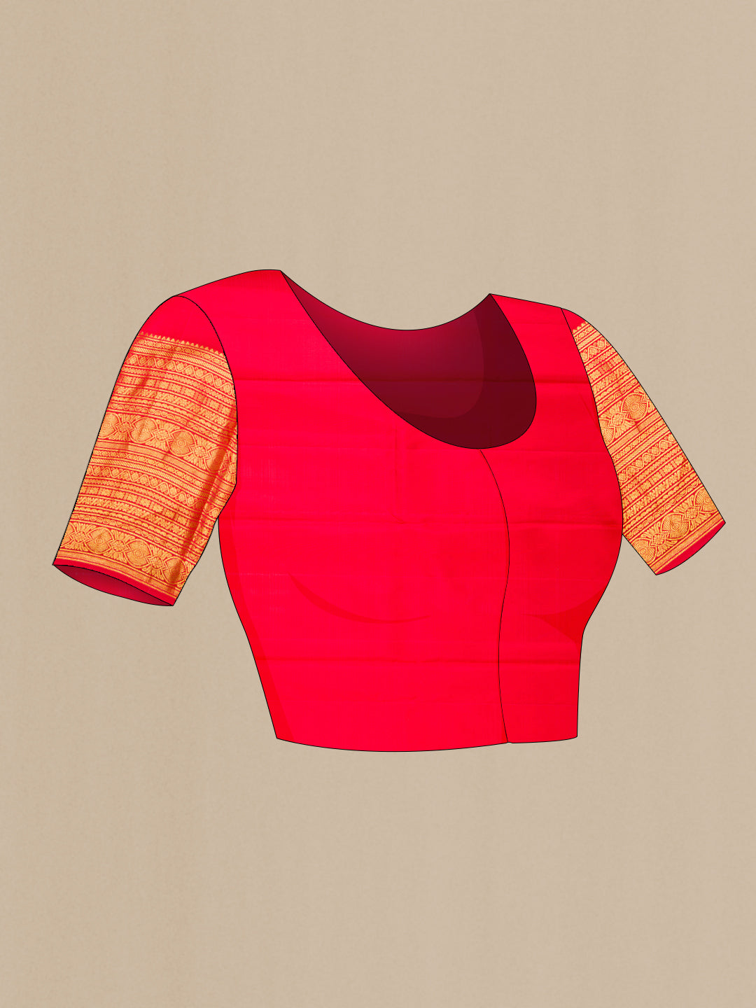Close up image of the blouse of Red Kanchipuram Silk Saree with Zari Butta on the body and Zari Border. 