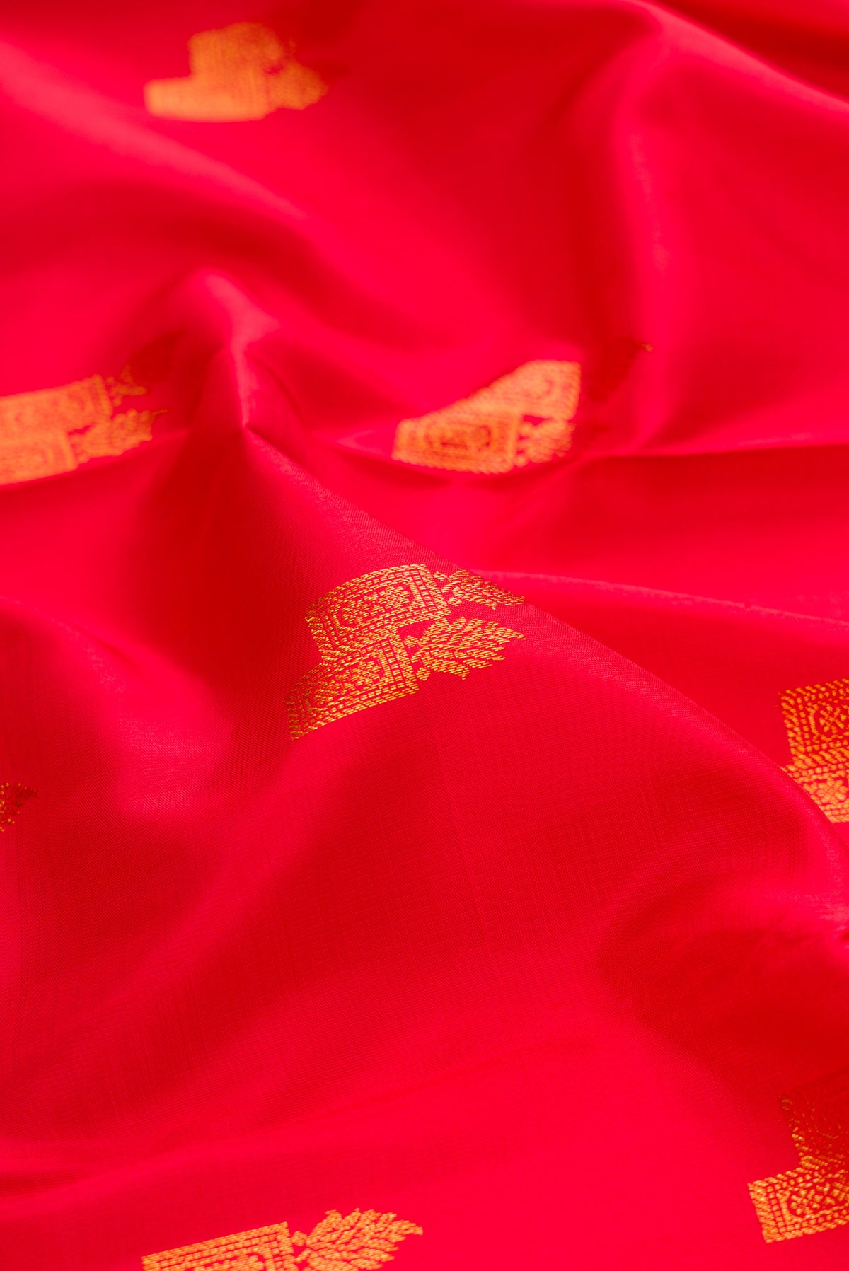 Close up of Red Kanchipuram Silk Saree with Zari Butta on the body and Zari Border.  displaying folds