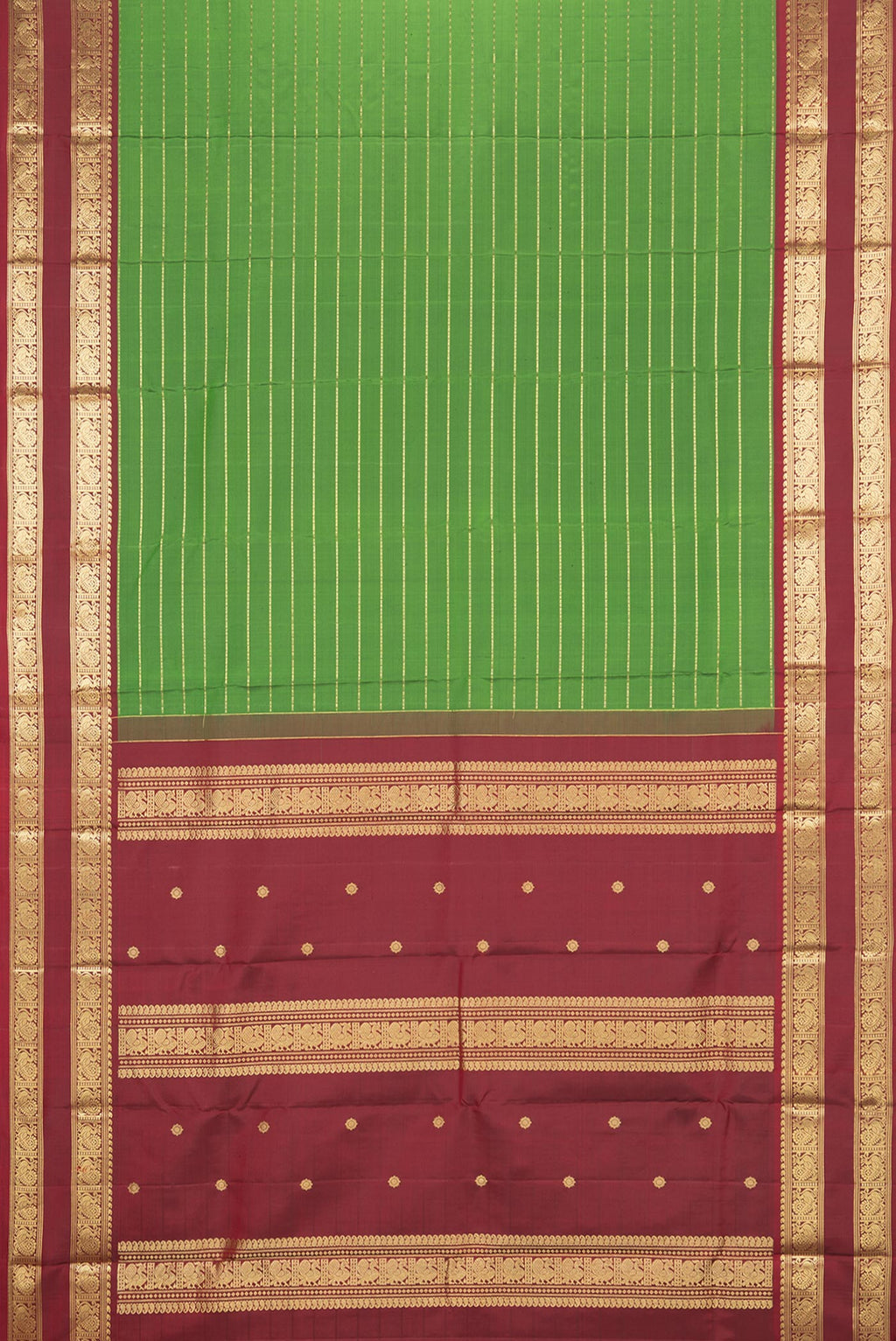Flat view of Pure Silk Green Kanjivaram Saree with Stripes on the body and Zari Border. 
