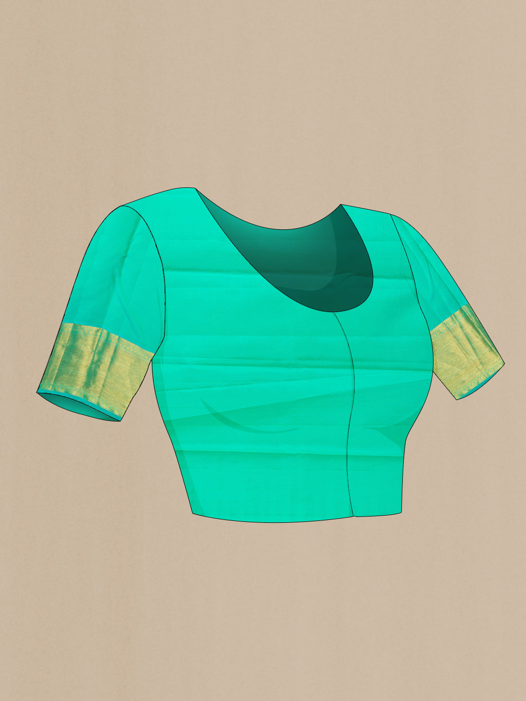 Close up image of the blouse of Sea Green Dual Tone Kanjivaram Silk Saree with Zari Brocade on the body and Zari Border. 