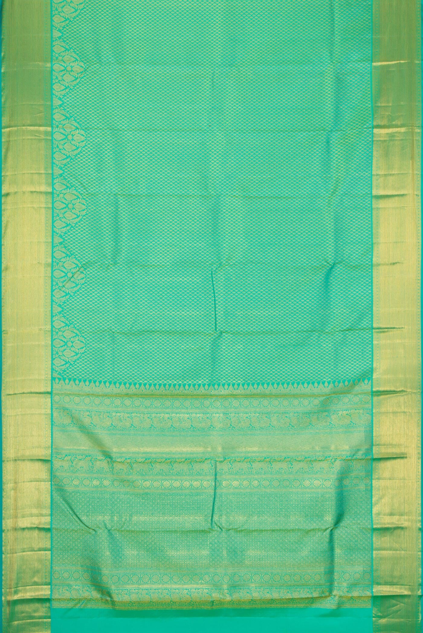 Flat view of Sea Green Dual Tone Kanjivaram Silk Saree with Zari Brocade on the body and Zari Border. 
