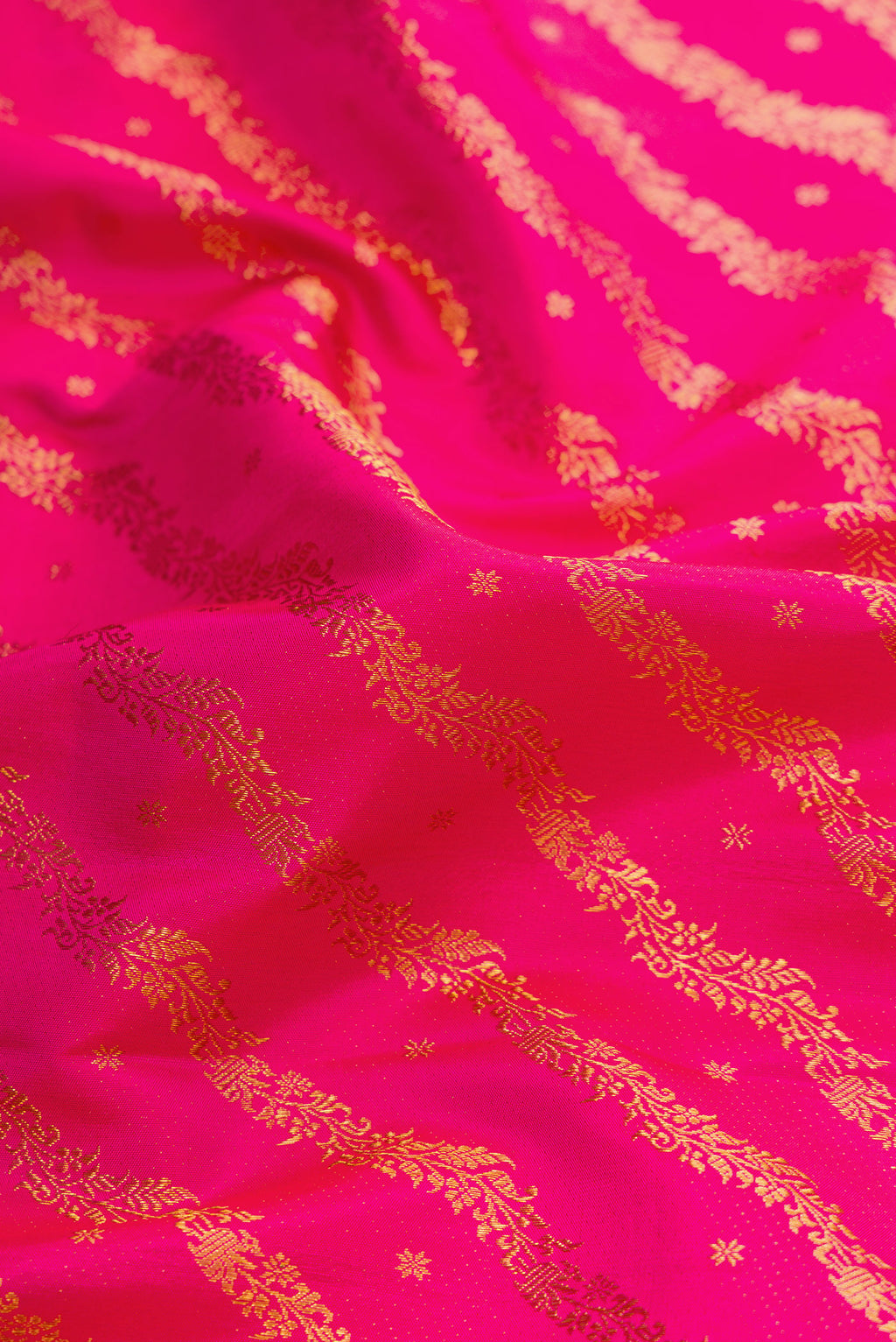 Close up of Pink Dual Tone Kanjivaram Silk Saree with Zari Brocade on the body and Zari Border.  displaying folds