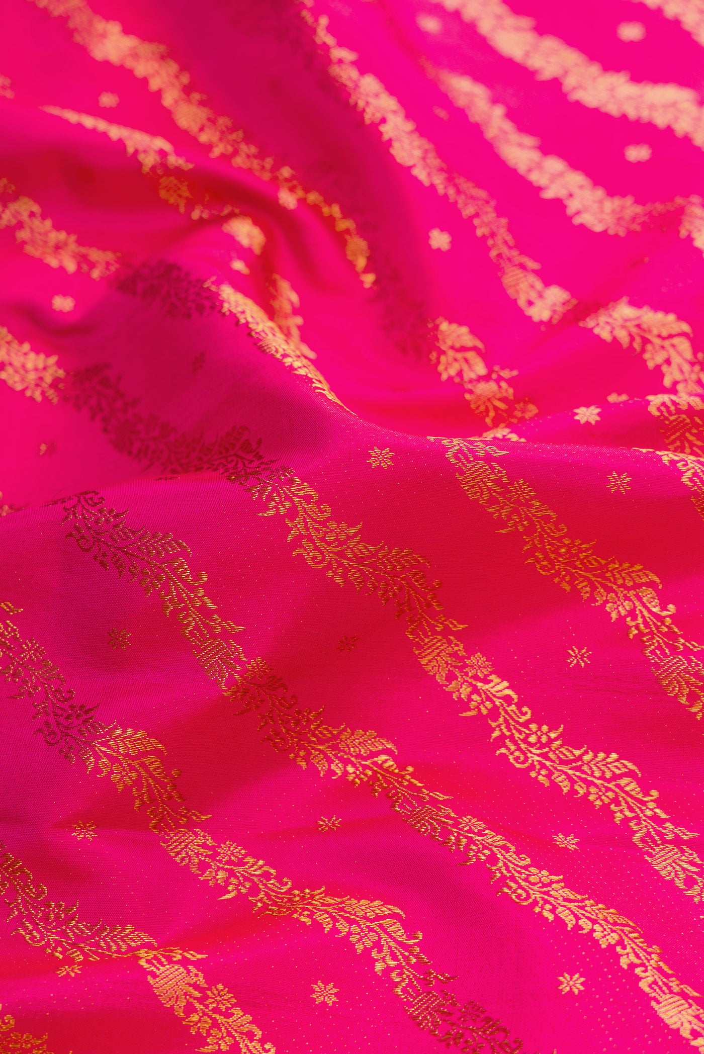 Close up of Pink Dual Tone Kanjivaram Silk Saree with Zari Brocade on the body and Zari Border.  displaying folds