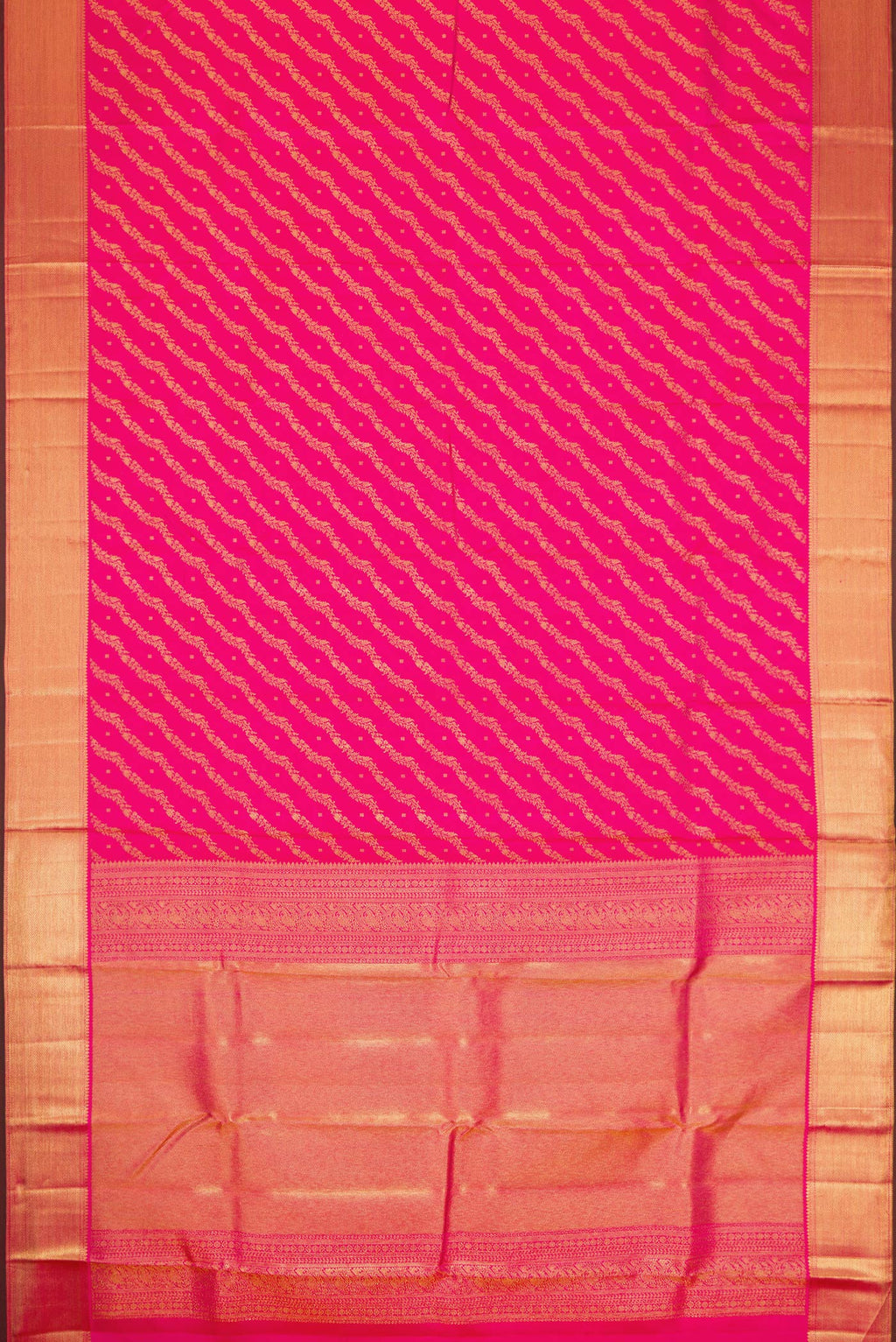 Flat view of Pink Dual Tone Kanjivaram Silk Saree with Zari Brocade on the body and Zari Border. 
