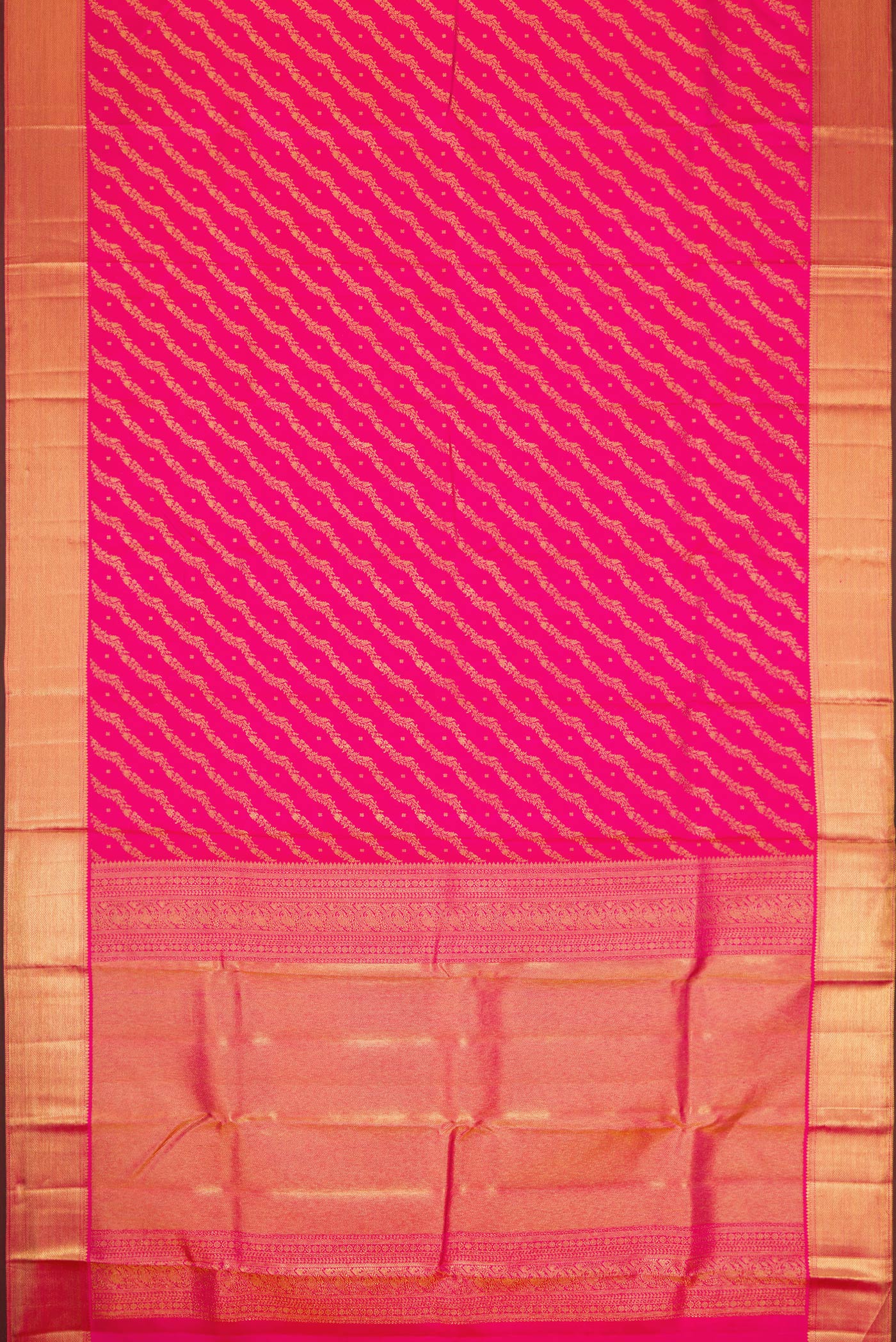 Flat view of Pink Dual Tone Kanjivaram Silk Saree with Zari Brocade on the body and Zari Border. 