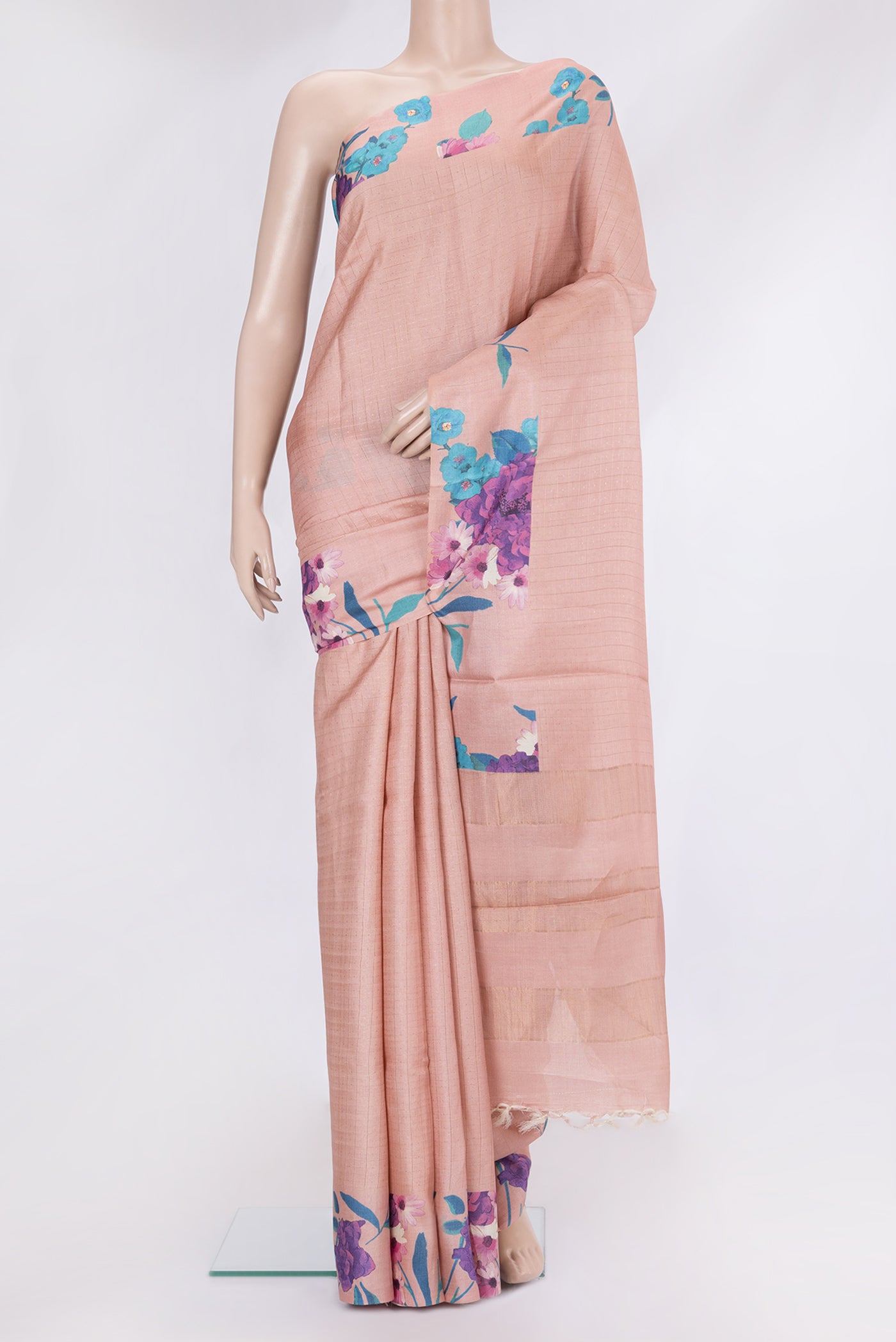 Rose Gold Tussar Silk Saree with Checked design on the body and Fancy Border.  displayed on a mannequin