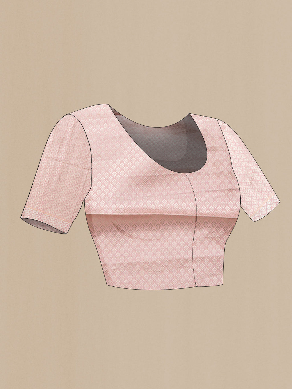 Close up image of the blouse of Pink Dual Tone Tussar Silk Saree with Printed design on the body and Fancy Border. 