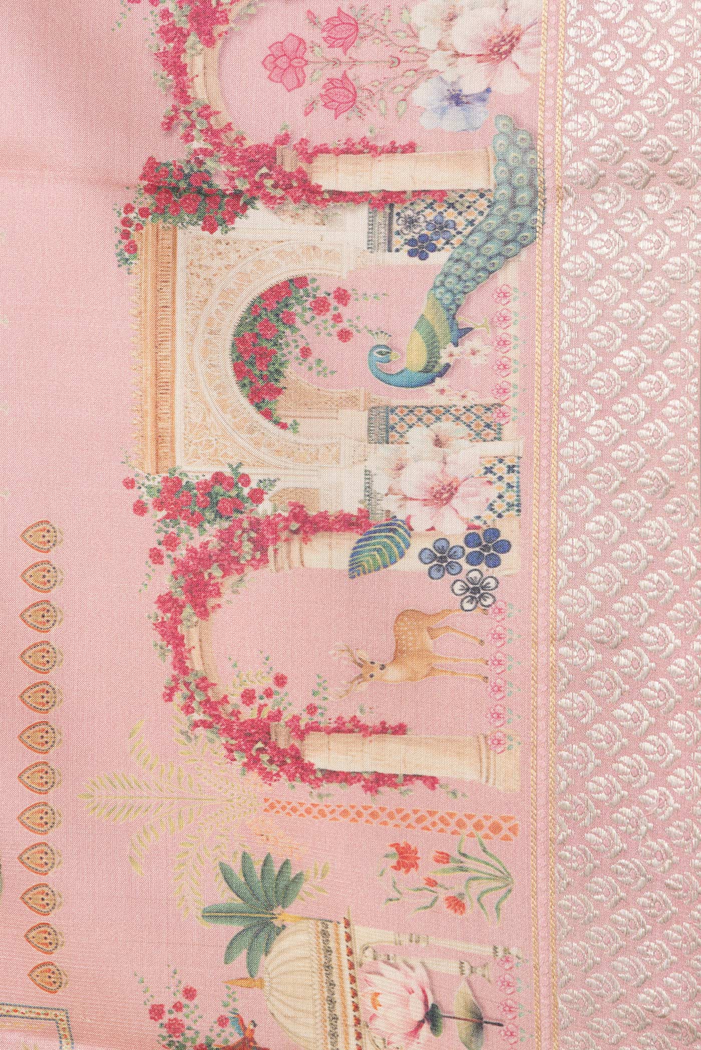 Border image of Pink Dual Tone Tussar Silk Saree with Printed design on the body and Fancy Border. 