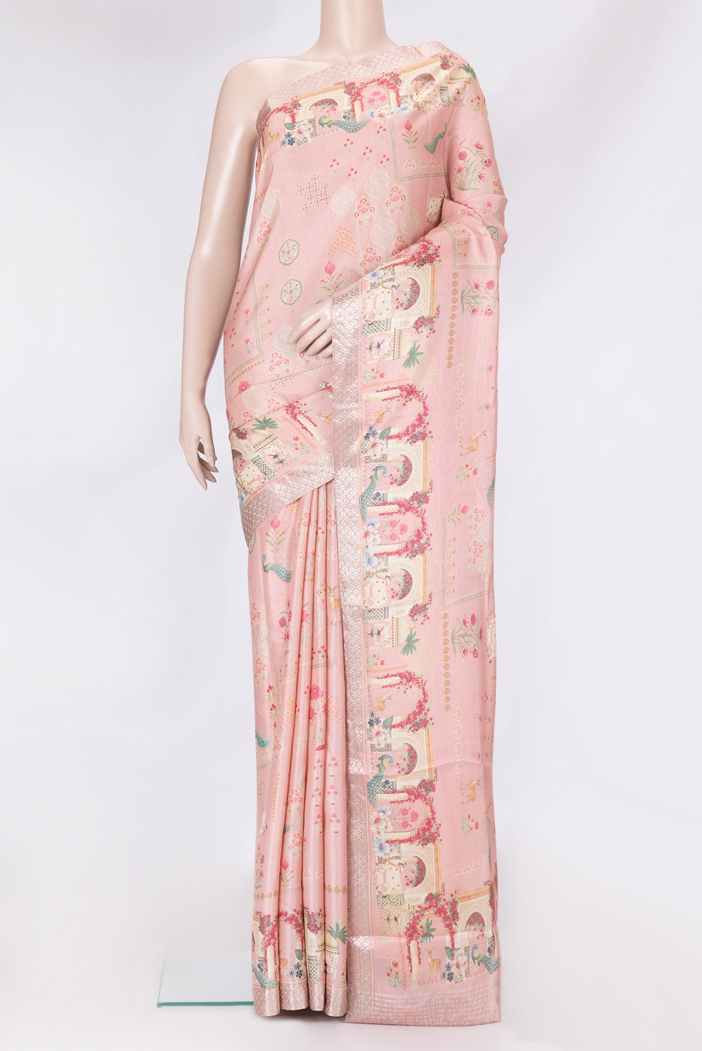 Pink Dual Tone Tussar Silk Saree with Printed design on the body and Fancy Border.  displayed on a mannequin