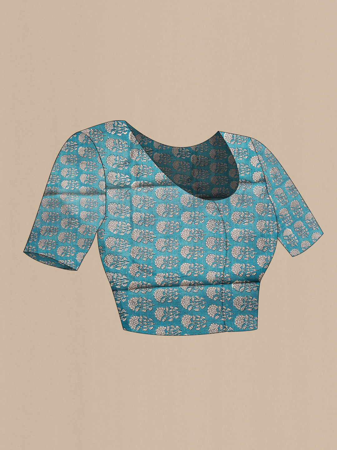 Close up image of the blouse of Peacock Blue Dual Tone Tussar Silk Saree with Checked design on the body and Printed Border. 