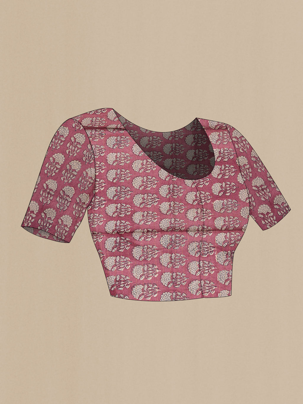 Close up image of the blouse of Grey Tussar Silk Saree with Checked design on the body and Printed Border. 