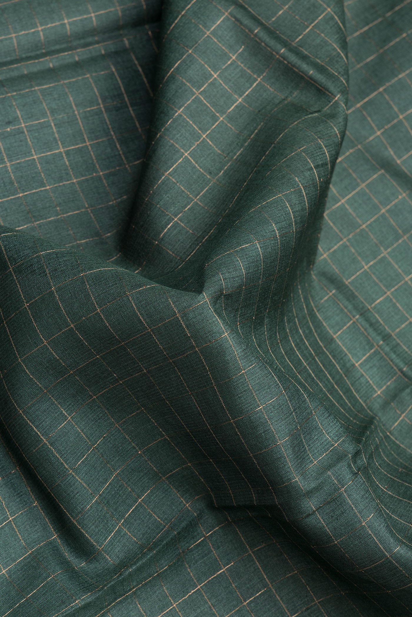 Close up of Green Tussar Silk Saree with Checked design on the body and Printed Border.  displaying folds