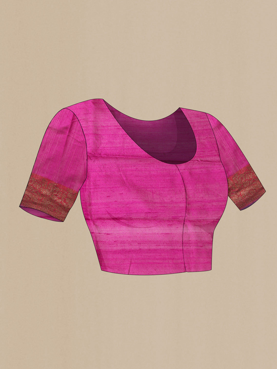 Close up image of the blouse of Magenta Dual Tone Tussar Saree with Zari Butta on the body and Zari Border. 