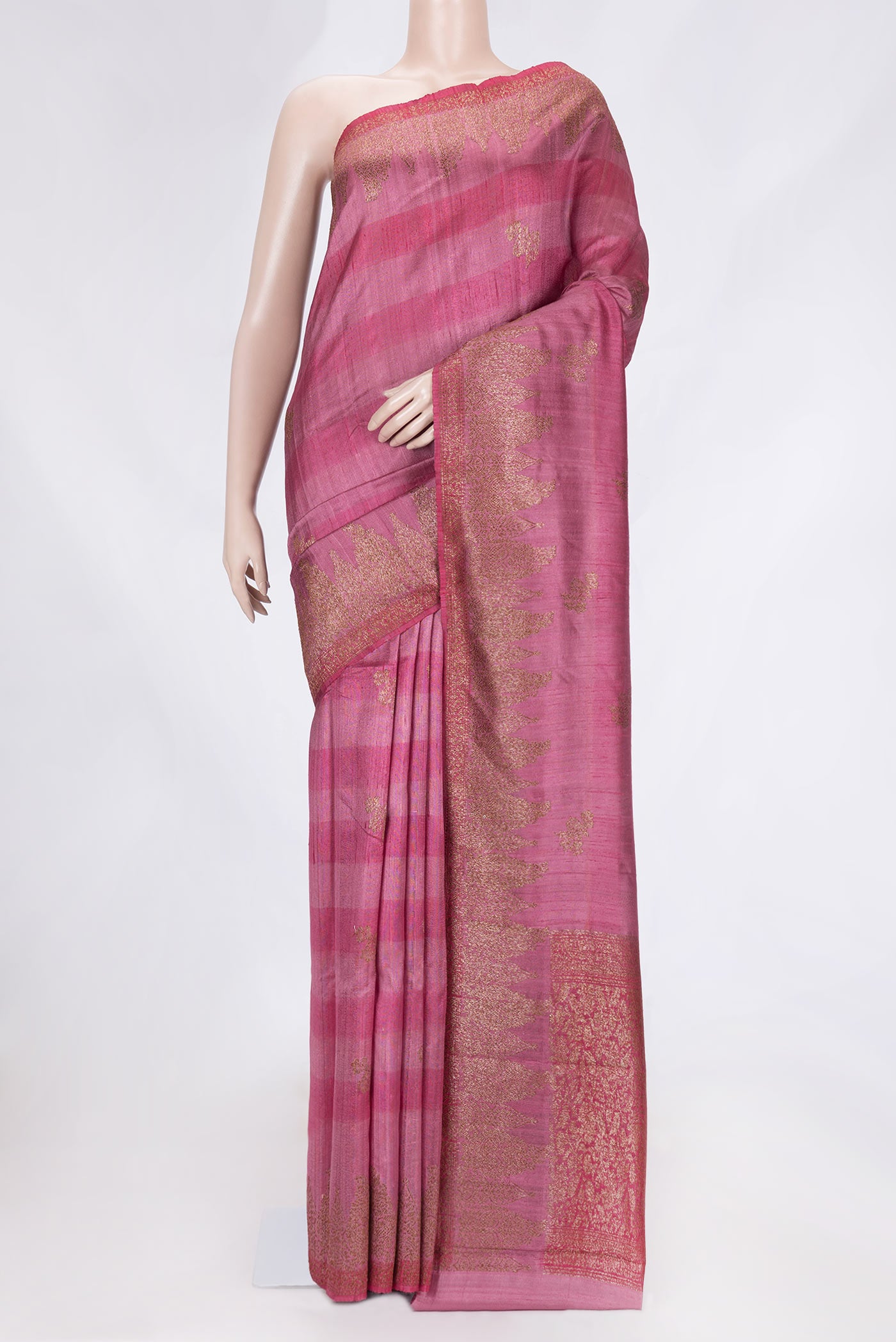 Pink Dual Tone Tussar Saree with Zari Butta on the body and Zari Border.  displayed on a mannequin