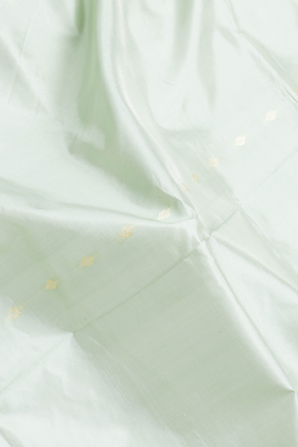 Close up of Pista Green Dual Tone Banarasi Silk Saree with Thread Butta on the body and Thread Border.  displaying folds