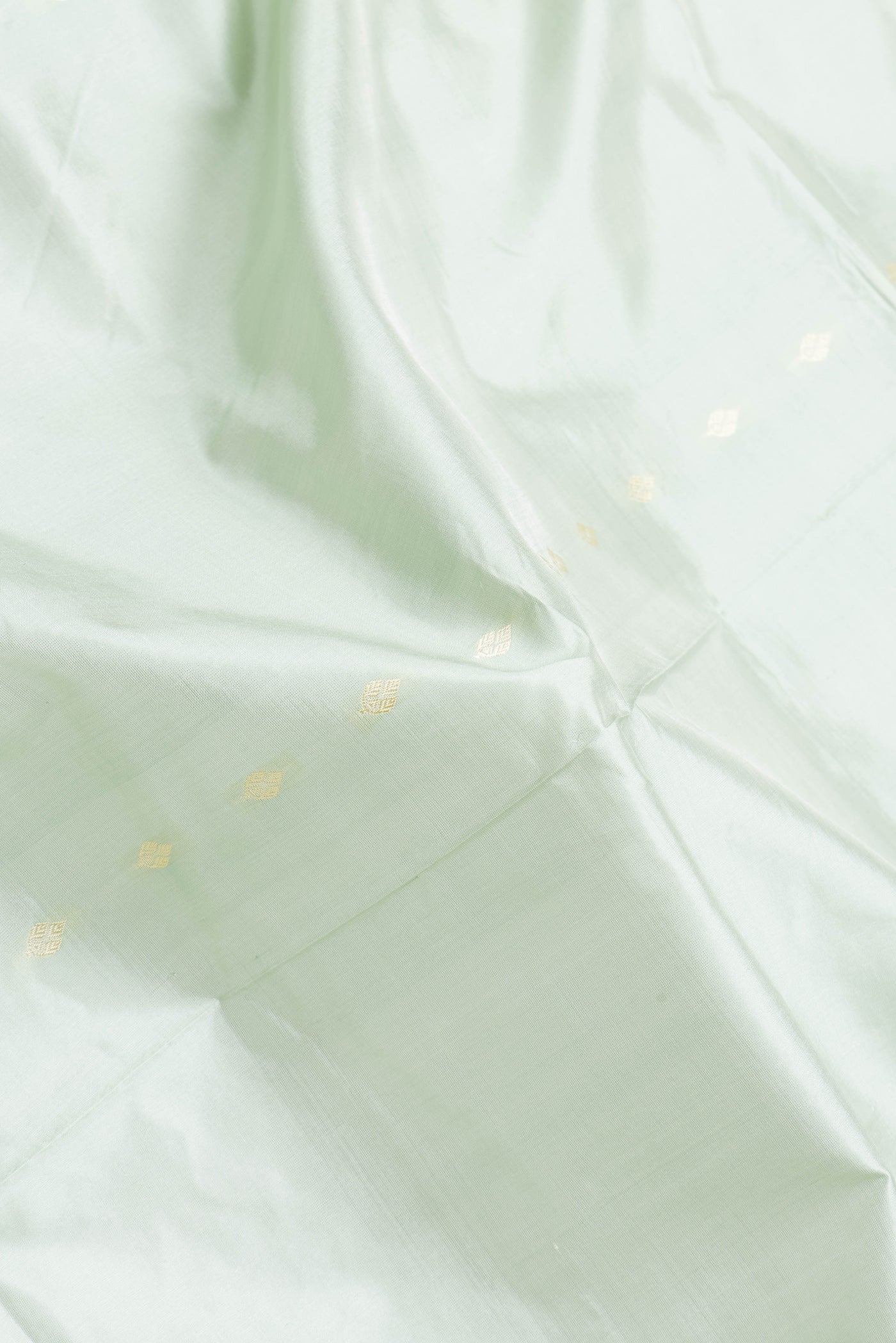 Close up of Pista Green Dual Tone Banarasi Silk Saree with Thread Butta on the body and Thread Border.  displaying folds