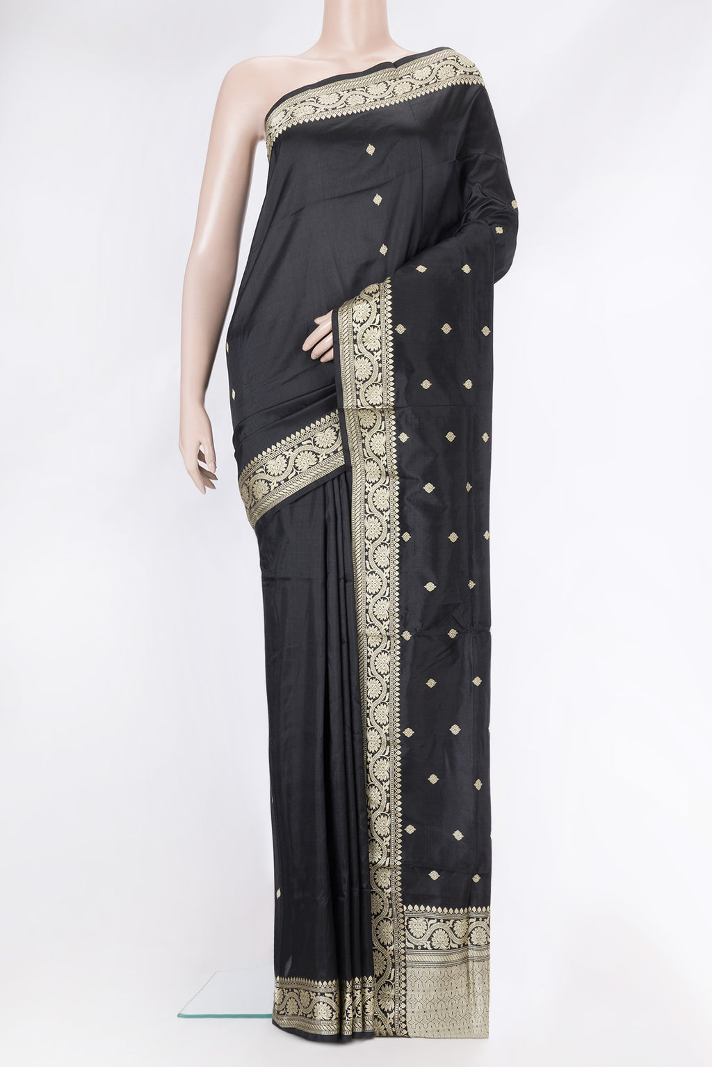 Black Dual Tone Banarasi Silk Saree with Thread Butta on the body and Thread Border.  displayed on a mannequin