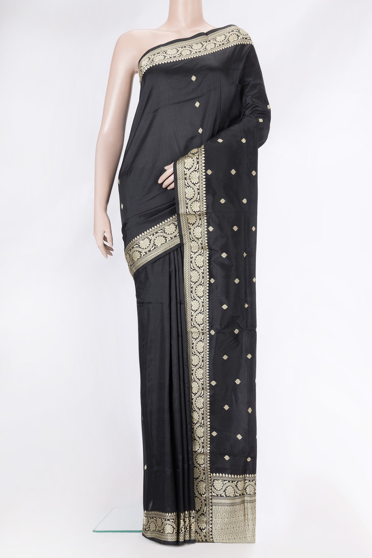 Black Dual Tone Banarasi Silk Saree with Thread Butta on the body and Thread Border.  displayed on a mannequin