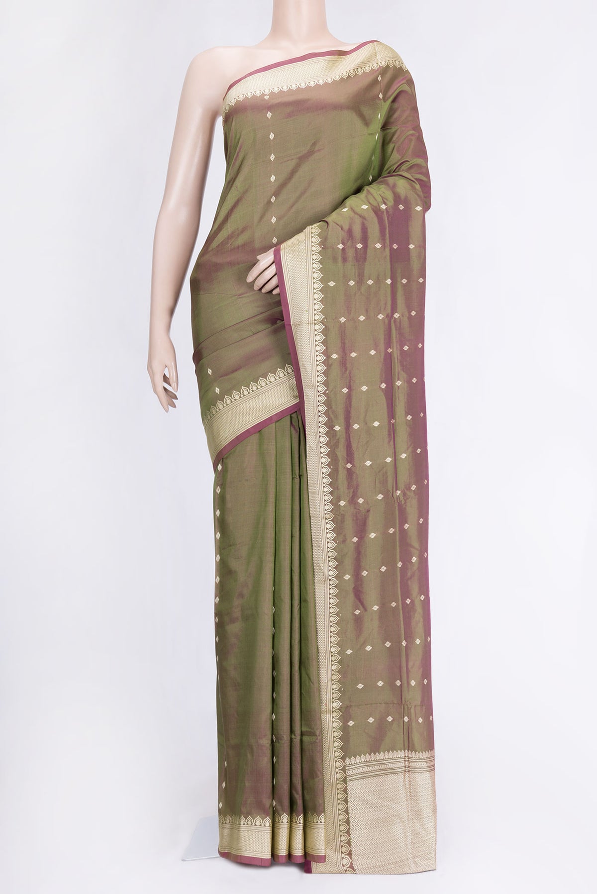 Mehandi Green Dual Tone Banarasi Silk Saree with Thread Butta on the body and Thread Border.  displayed on a mannequin