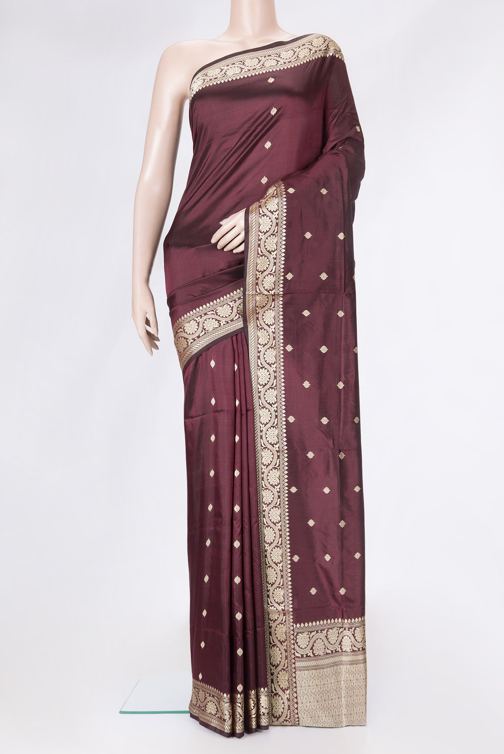 Brown Dual Tone Banarasi Silk Saree with Thread Butta on the body and Thread Border.  displayed on a mannequin
