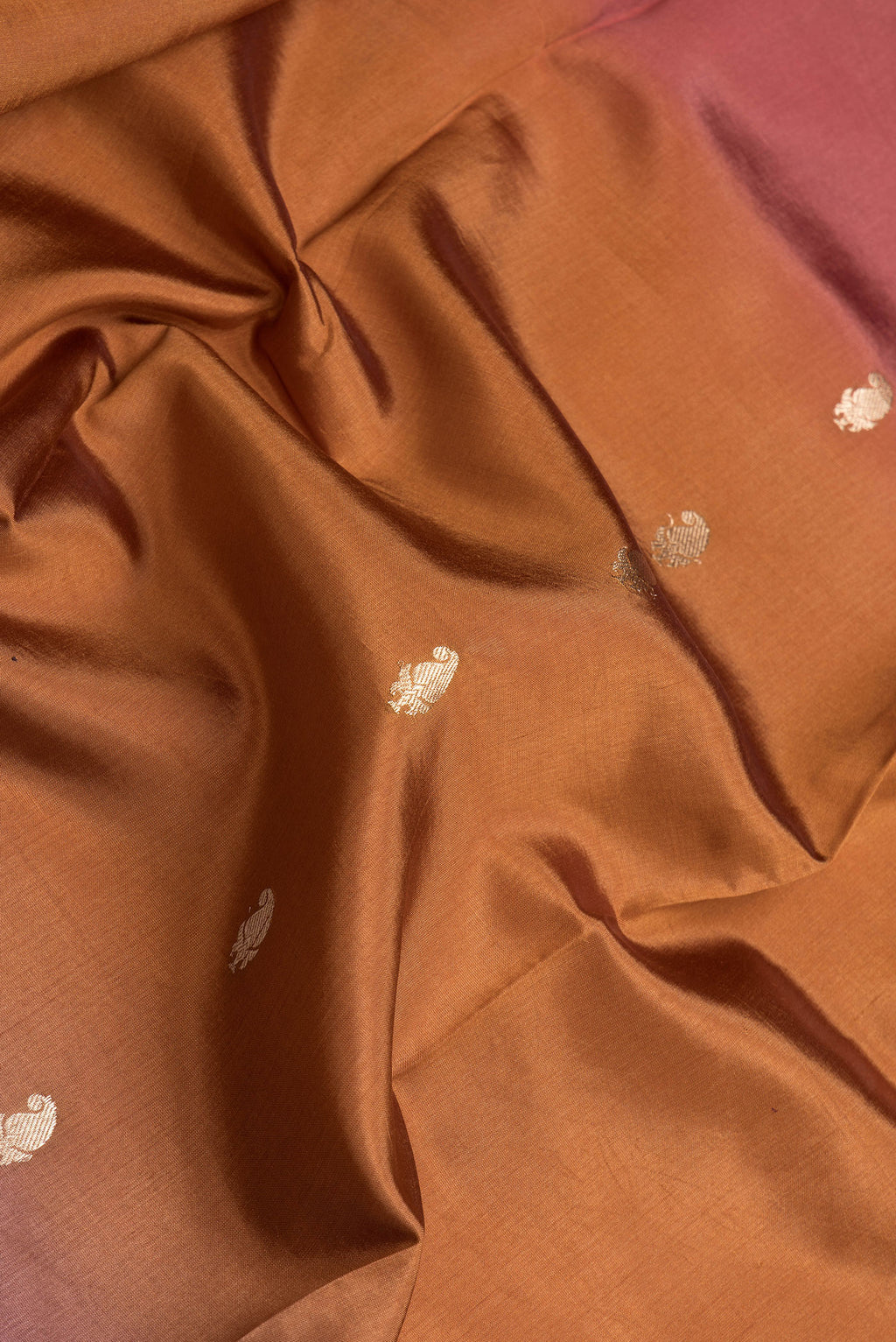 Close up of Brown and Bronze Color Tussar Silk Saree with Zari Butta on the body and Fancy Border.  displaying folds
