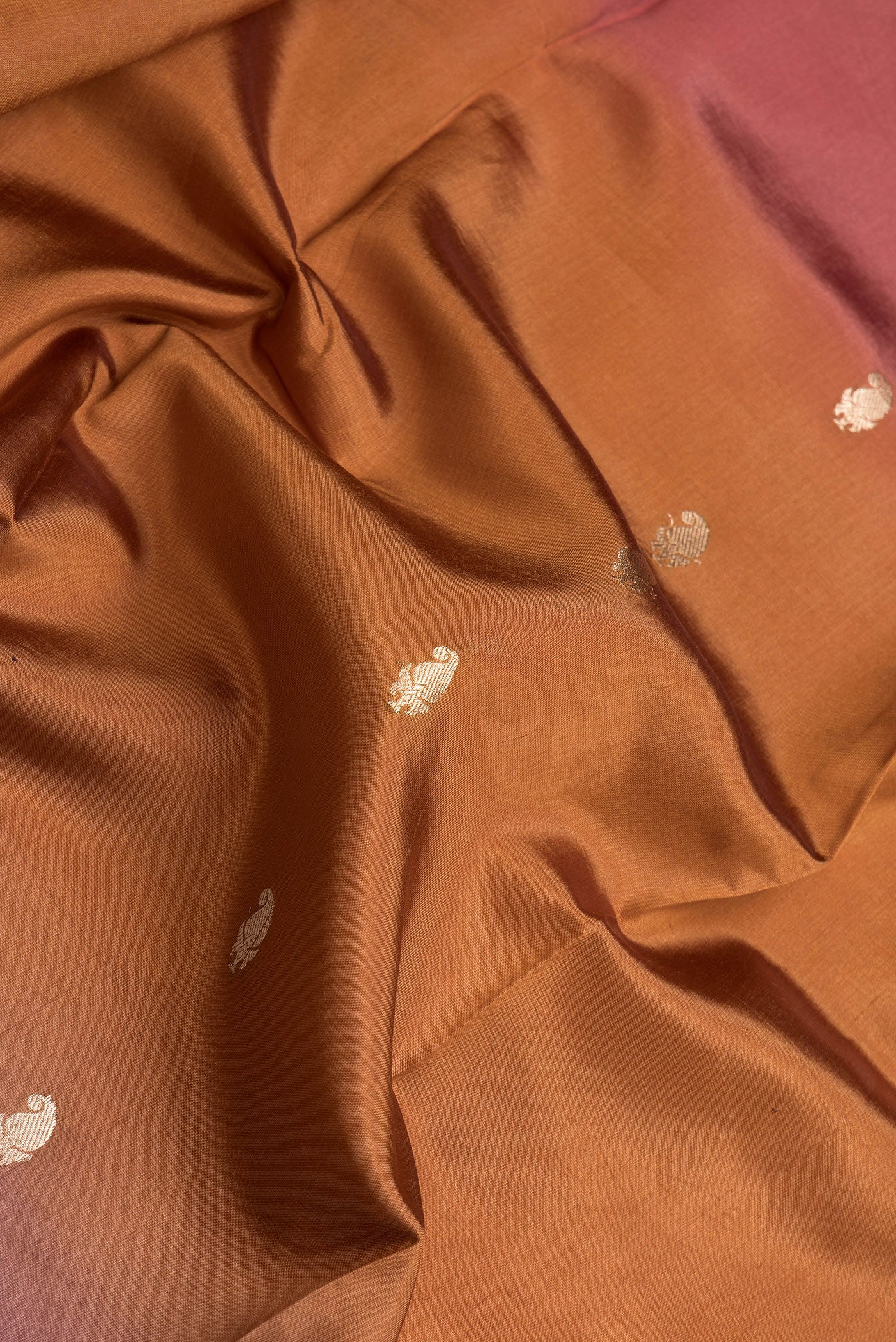 Close up of Brown and Bronze Color Tussar Silk Saree with Zari Butta on the body and Fancy Border.  displaying folds