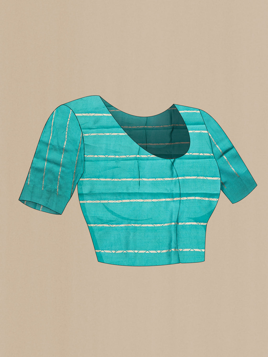 Close up image of the blouse of Peacock Blue Tussar Silk Saree with Stripes on the body and Plain Border. 