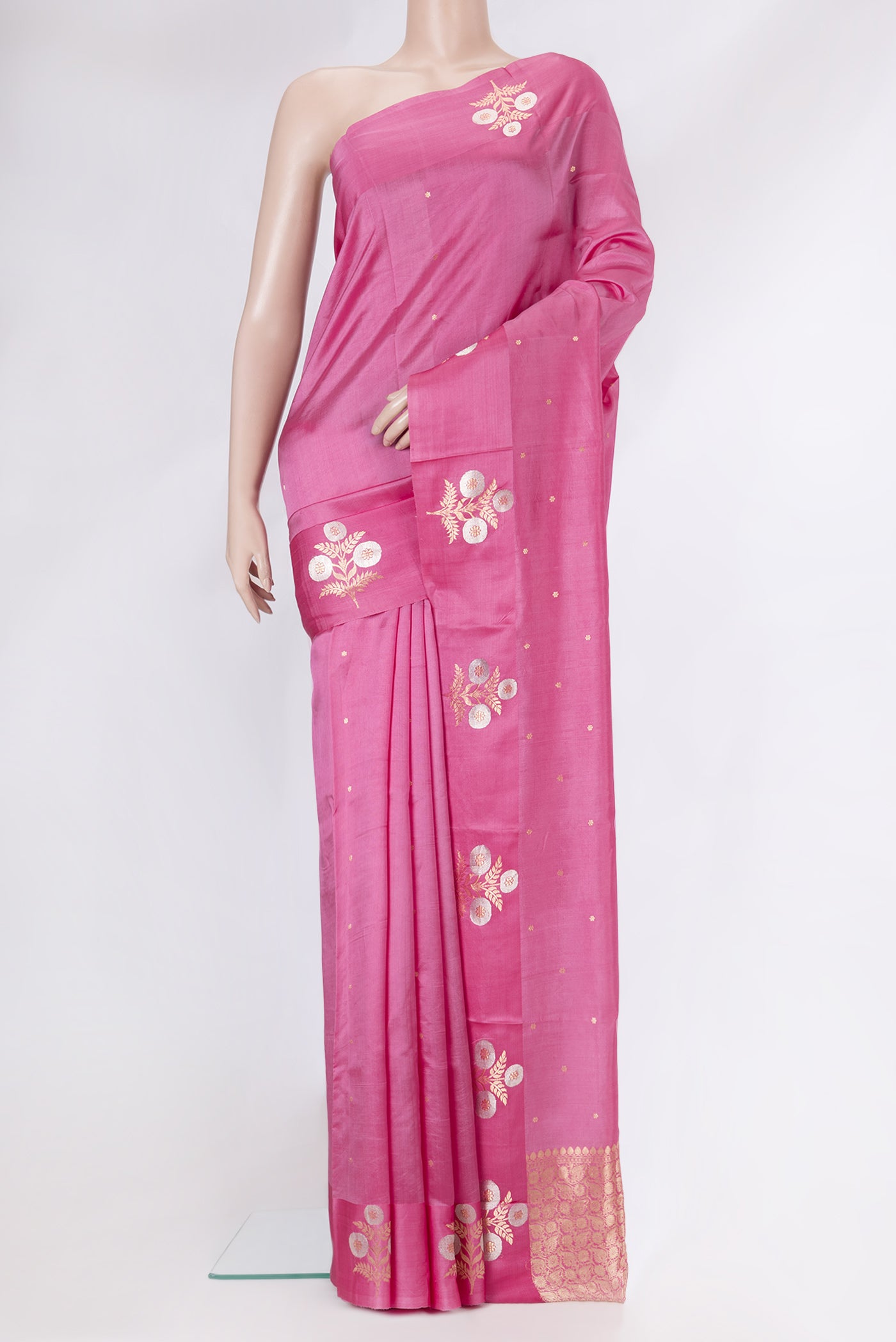 Pink Dual Tone Banarasi Katan Silk Saree with Zari Butta on the body and Fancy Border.  displayed on a mannequin