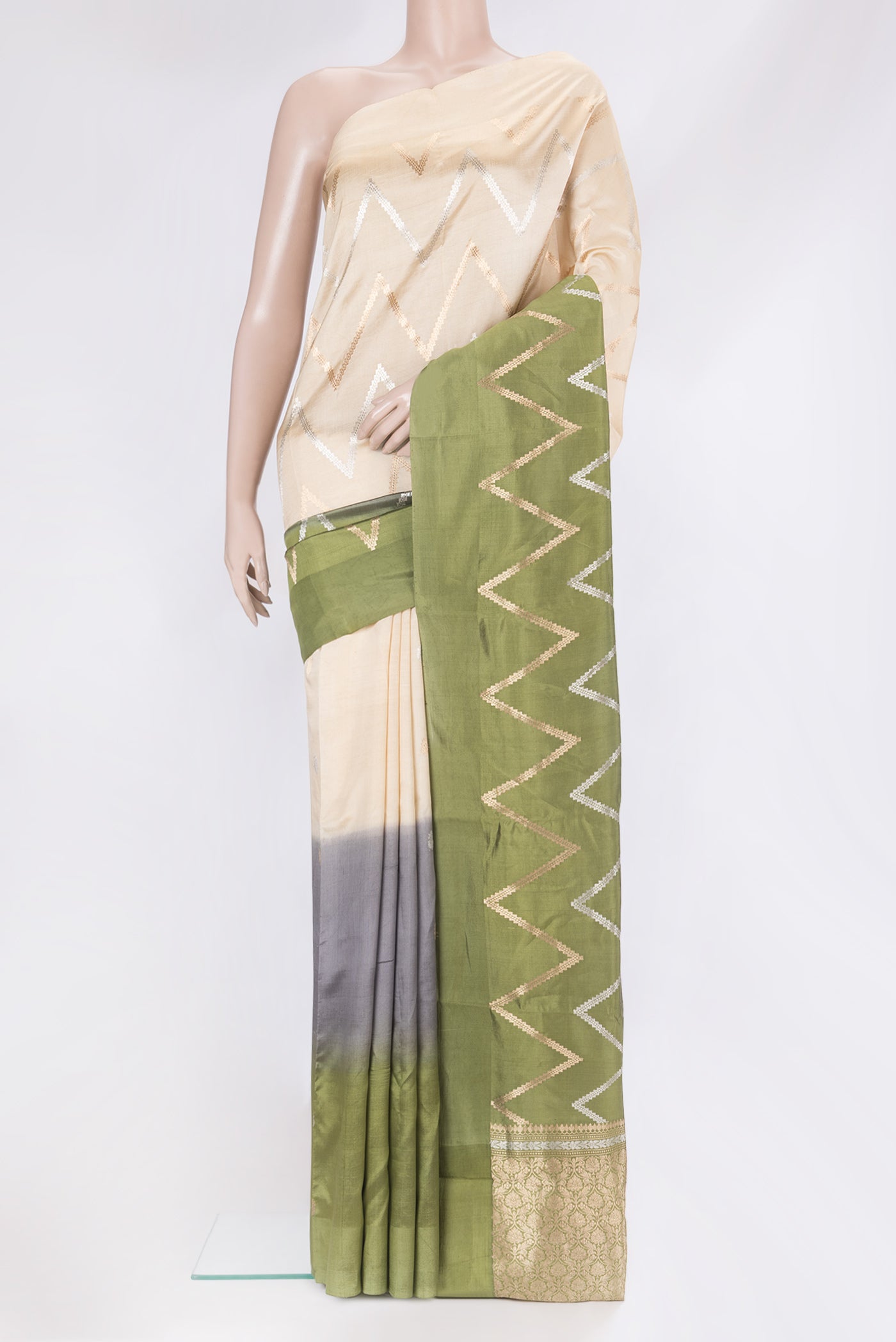 Multi Color Tussar Silk Saree with Stripes on the body and Plain Border.  displayed on a mannequin