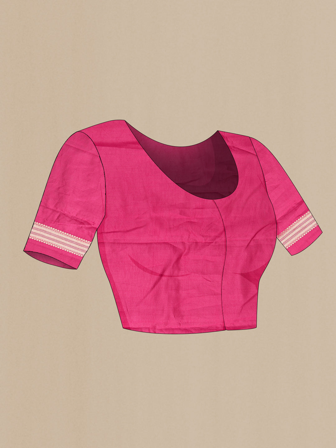 Close up image of the blouse of Red,Purple and Pink Color Tussar Silk Saree with Zari Brocade on the body and Zari Border. 