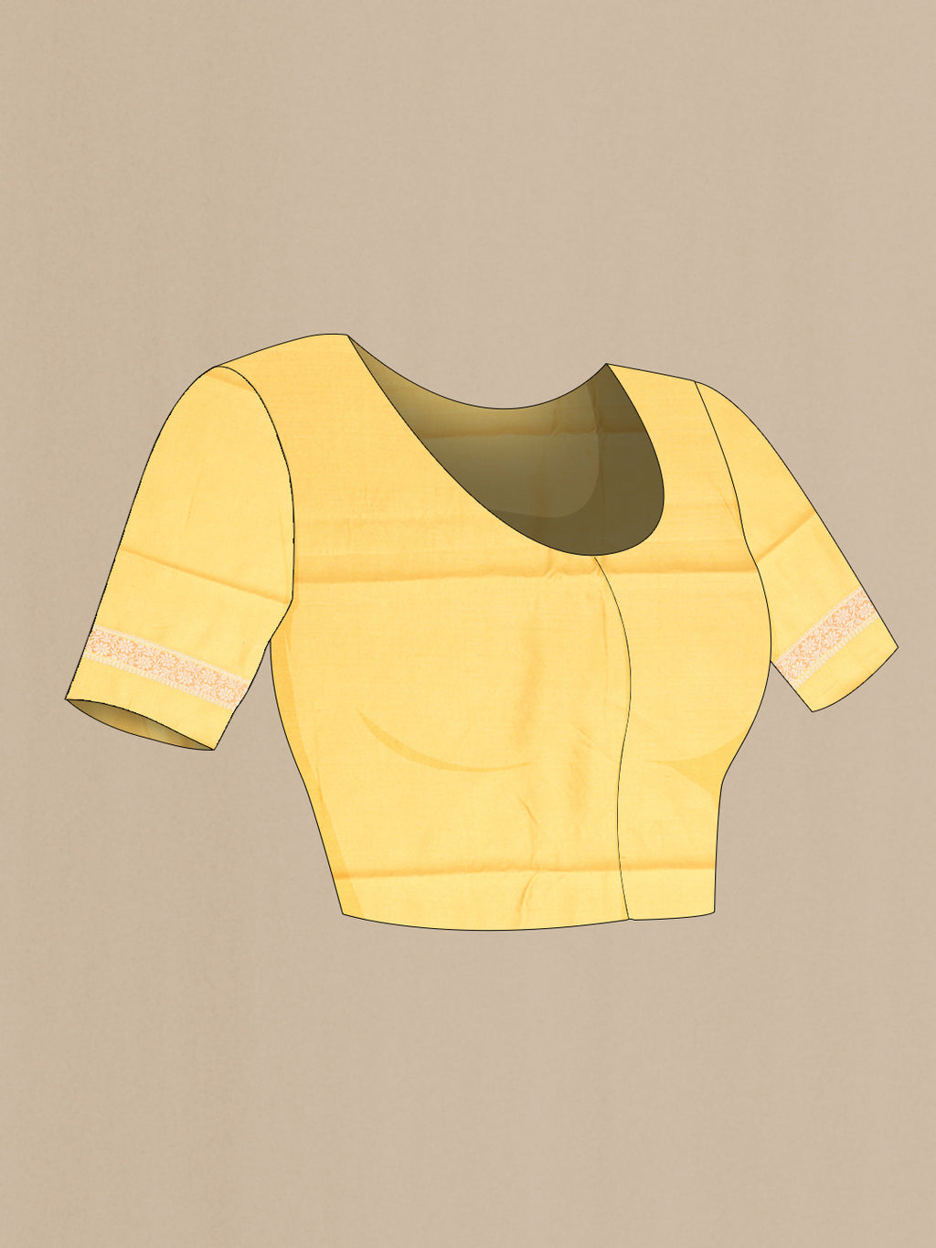 Close up image of the blouse of Yellow Dual Tone Banarasi Katan Silk Saree with Zari Brocade on the body and Zari Border. 