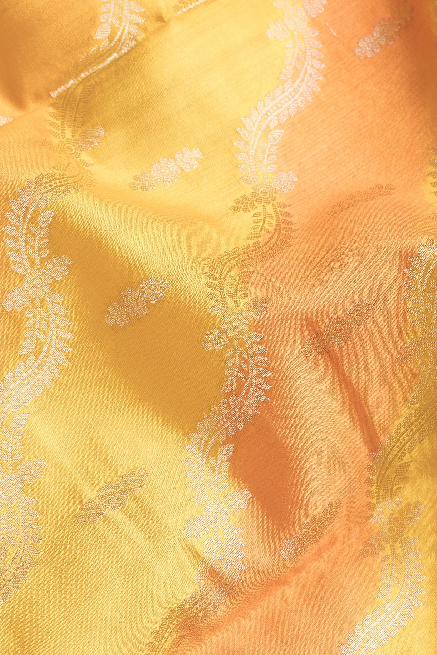 Close up of Yellow Dual Tone Banarasi Katan Silk Saree with Zari Brocade on the body and Zari Border.  displaying folds