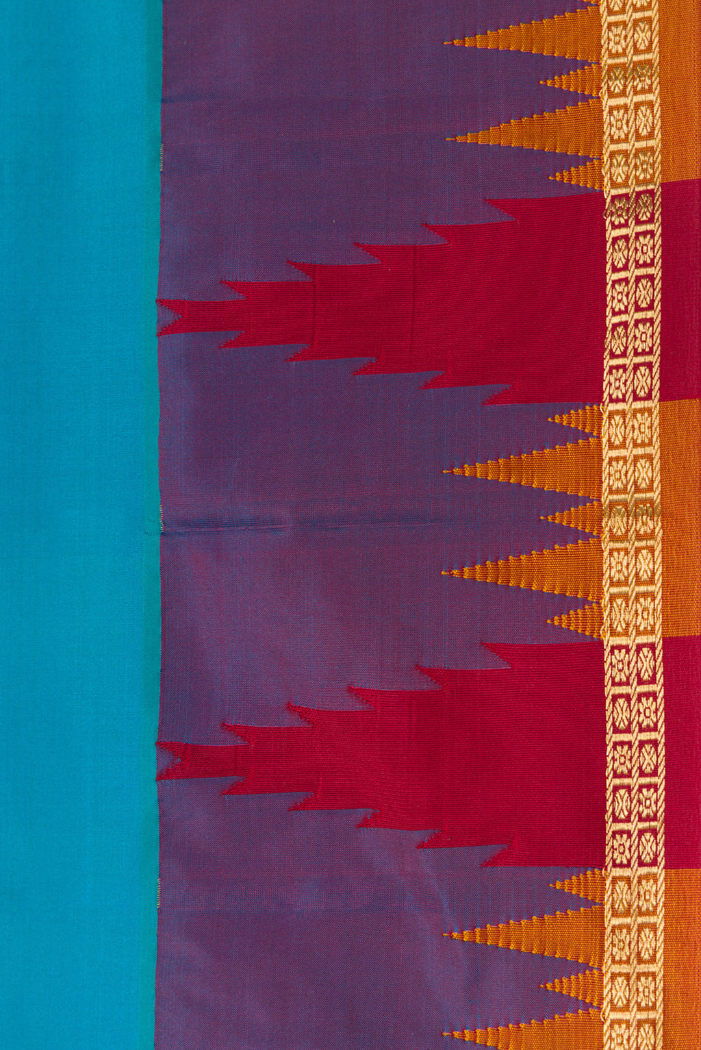 Border image of Sky Blue Dual Tone Kanchipuram Silk Saree with Zari Butta on the body and Temple Border. 