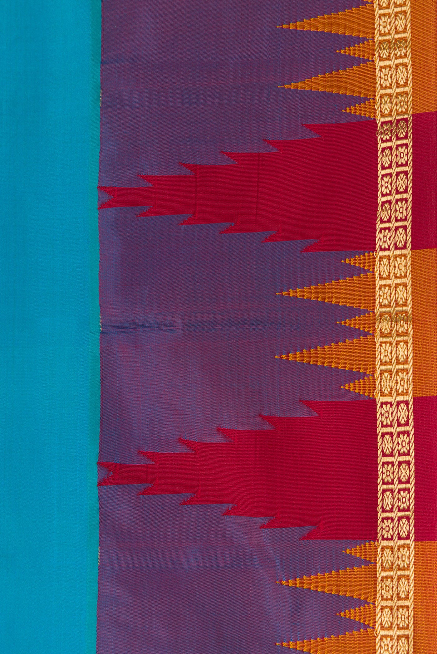 Border image of Sky Blue Dual Tone Kanchipuram Silk Saree with Zari Butta on the body and Temple Border. 