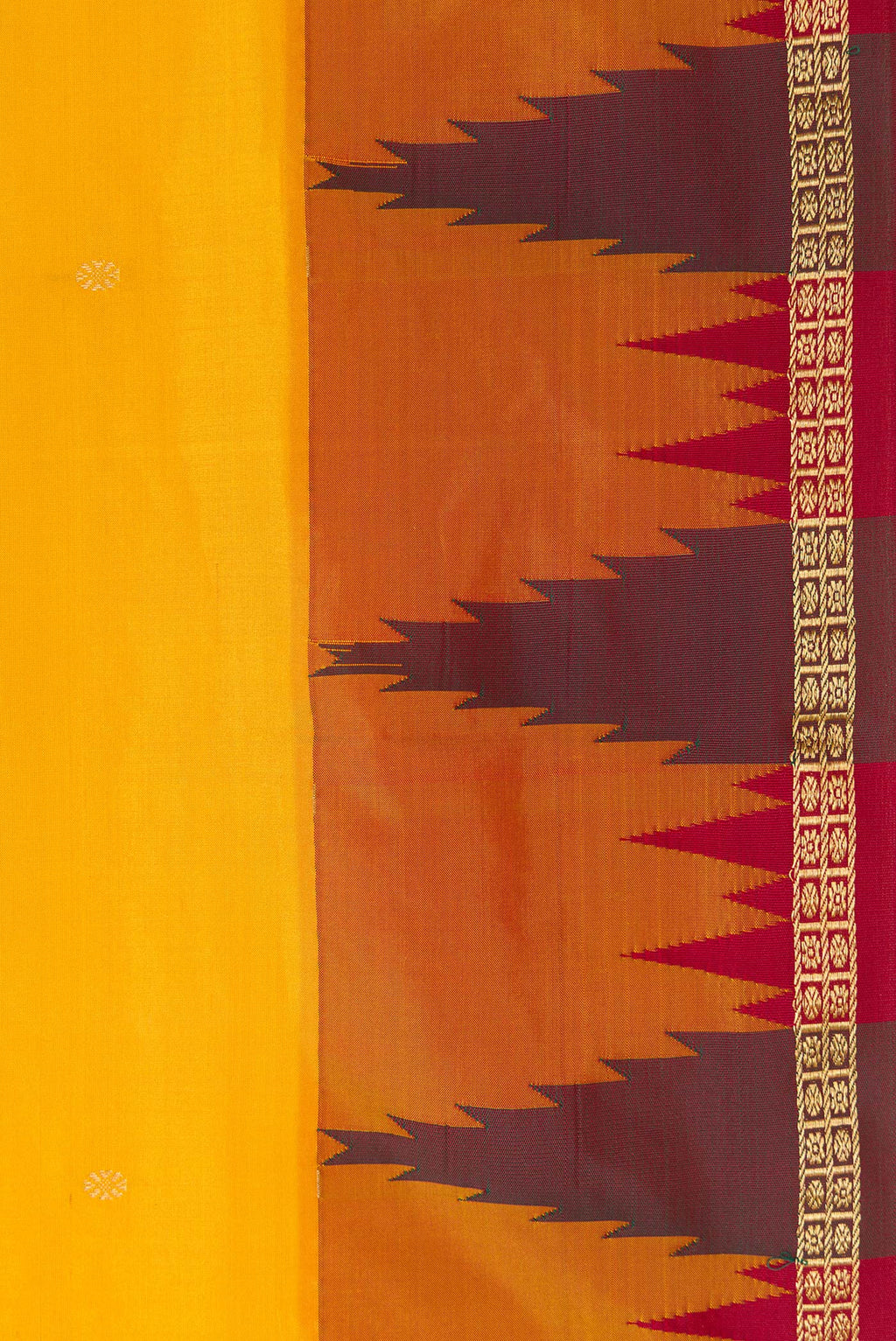 Border image of Yellow Dual Tone Kanchipuram Silk Saree with Zari Butta on the body and Temple Border. 