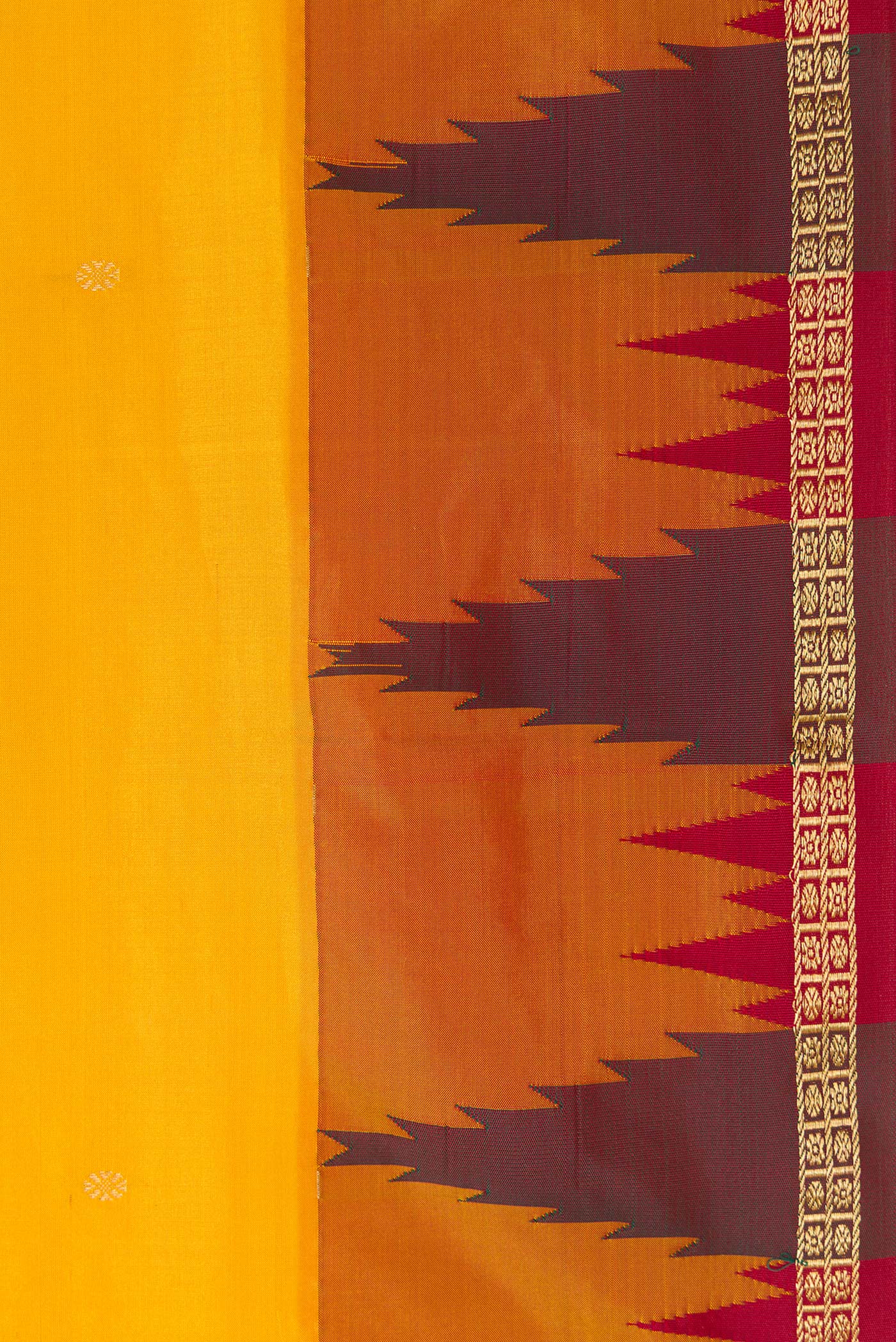 Border image of Yellow Dual Tone Kanchipuram Silk Saree with Zari Butta on the body and Temple Border. 