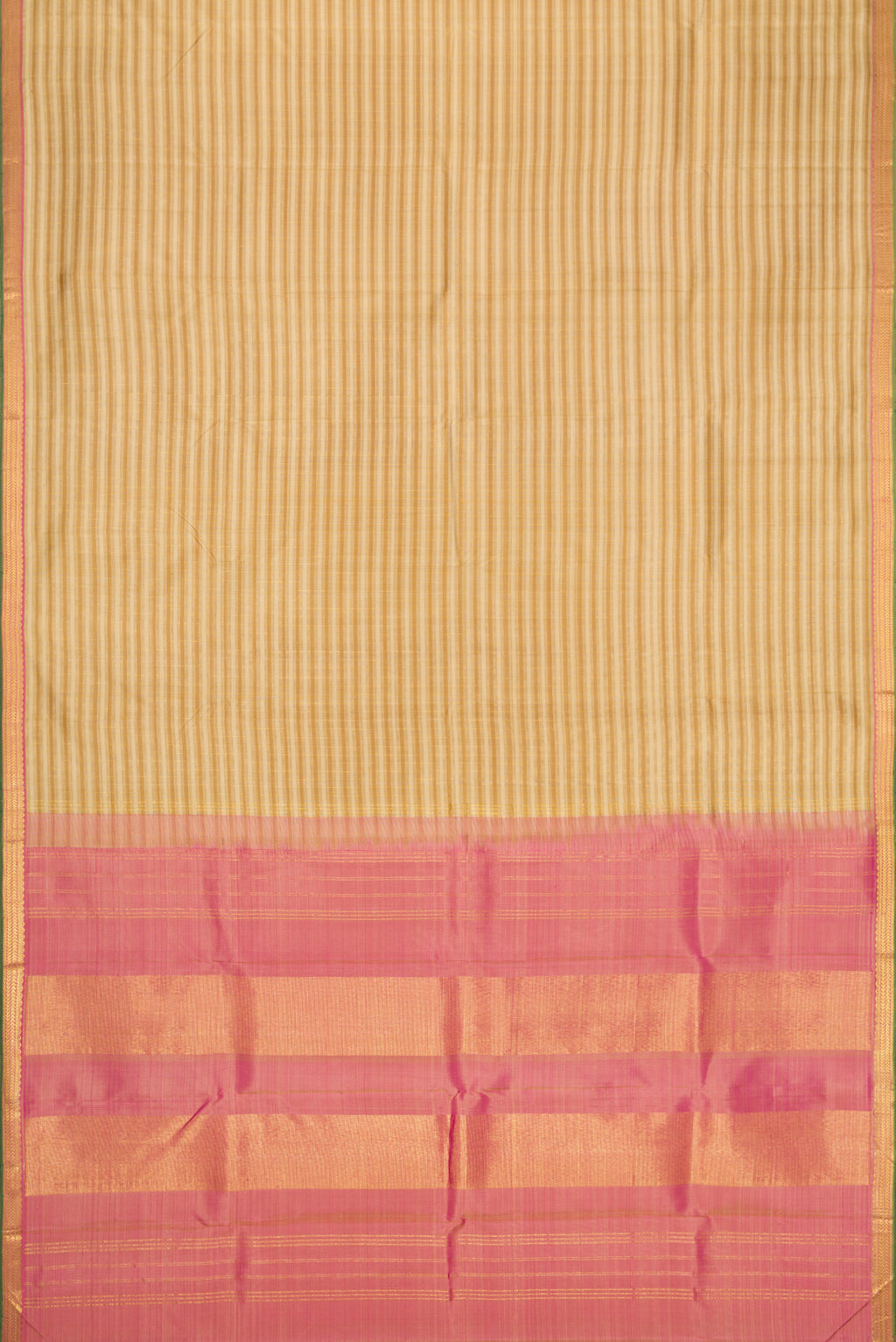 Flat view of Dark Beige Dual Tone Kanchipuram Silk Saree with Checked design on the body and Zari Border. 